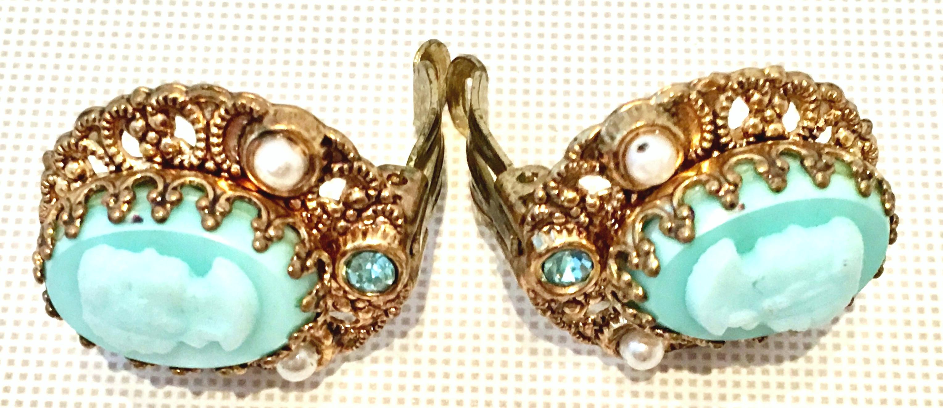 Women's or Men's 1950'S Germany Gold Filigree Carved Blue Cameo Brooch & Earrings S/3