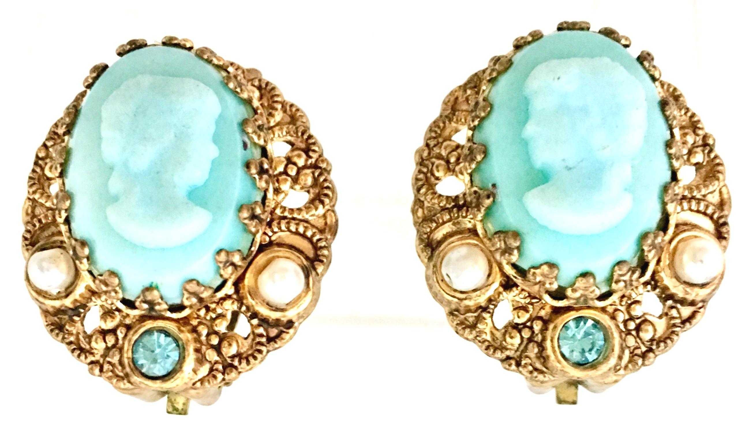 Victorian 1950'S Germany Gold Filigree Carved Blue Cameo Brooch & Earrings S/3