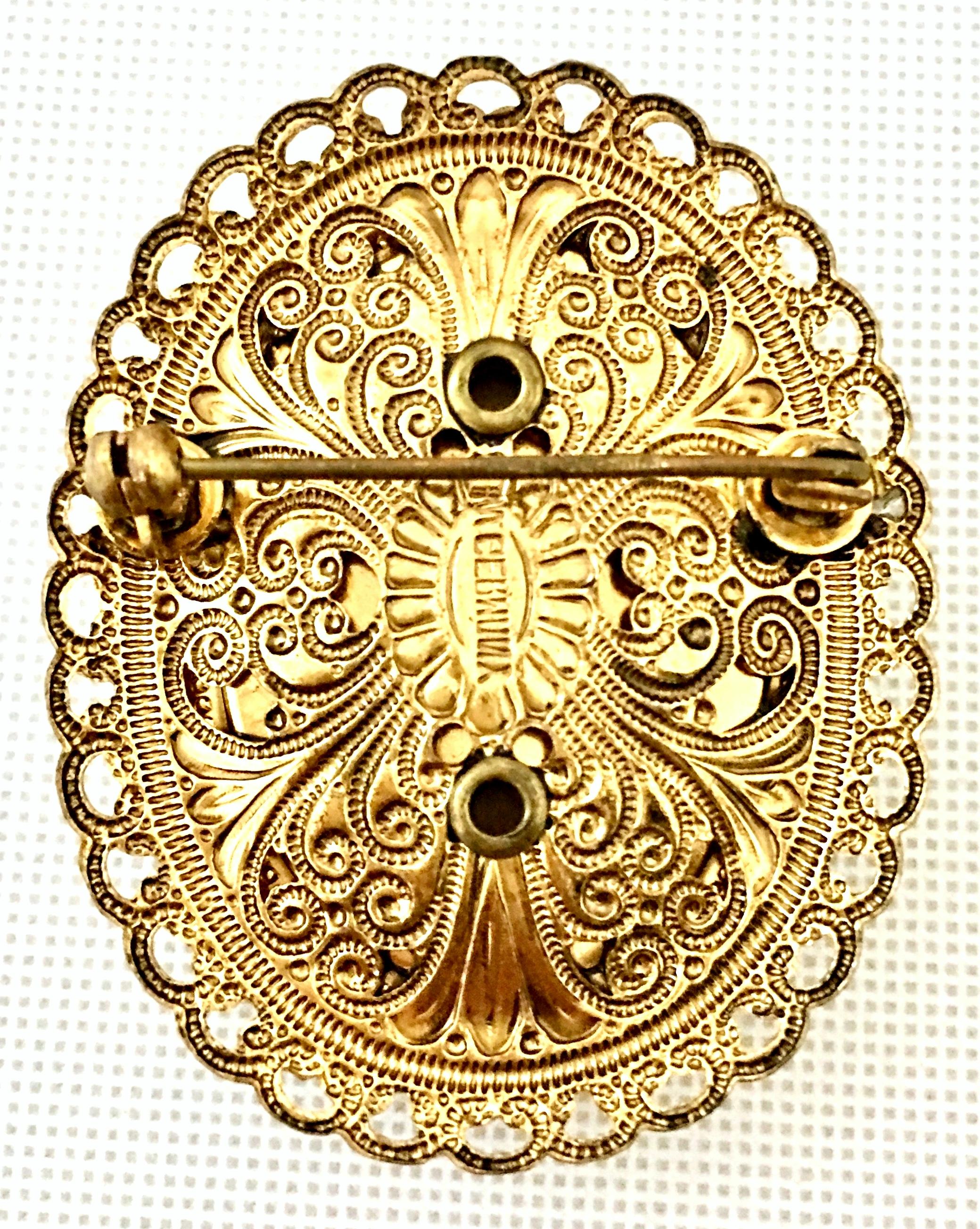 1950'S Germany Gold Filigree Carved Blue Cameo Brooch & Earrings S/3 1