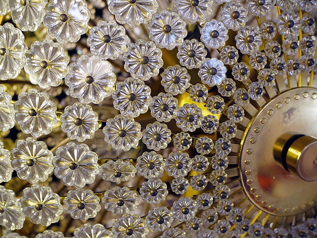 Large Floral Crystal & Brass Flush Mount Chandelier by Emil Stejnar attr., 1950s For Sale 1