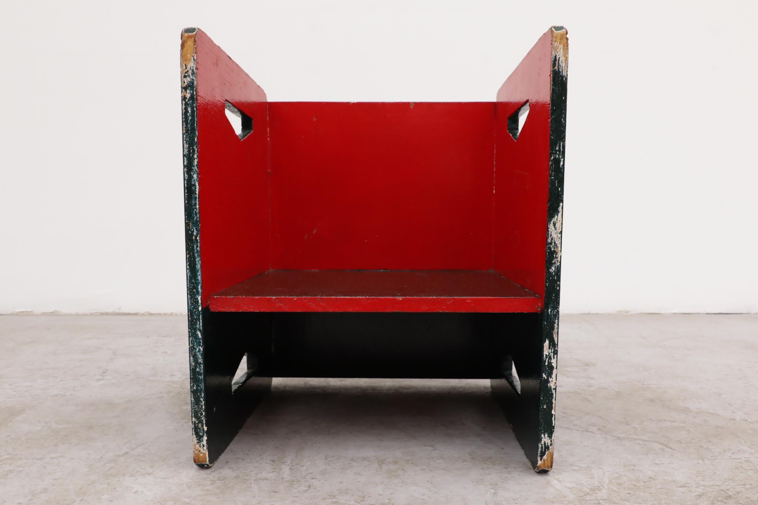1950's Gerrit Rietveld Inspired Red and Dark Green Children's Kubist Chair For Sale 8