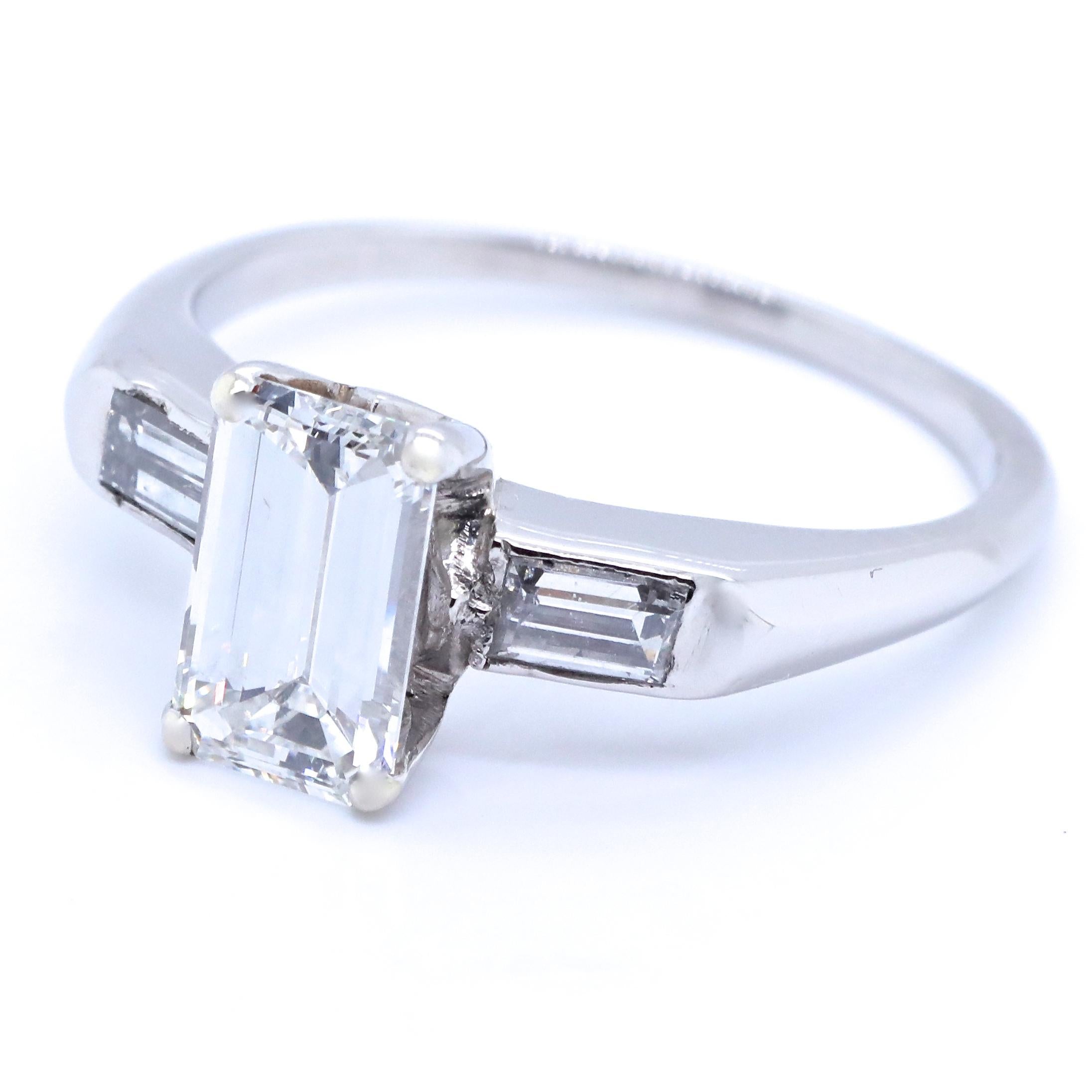 1950s GIA 0.96 Carat G VVS2 Emerald Cut Diamond Platinum Engagement Ring 1