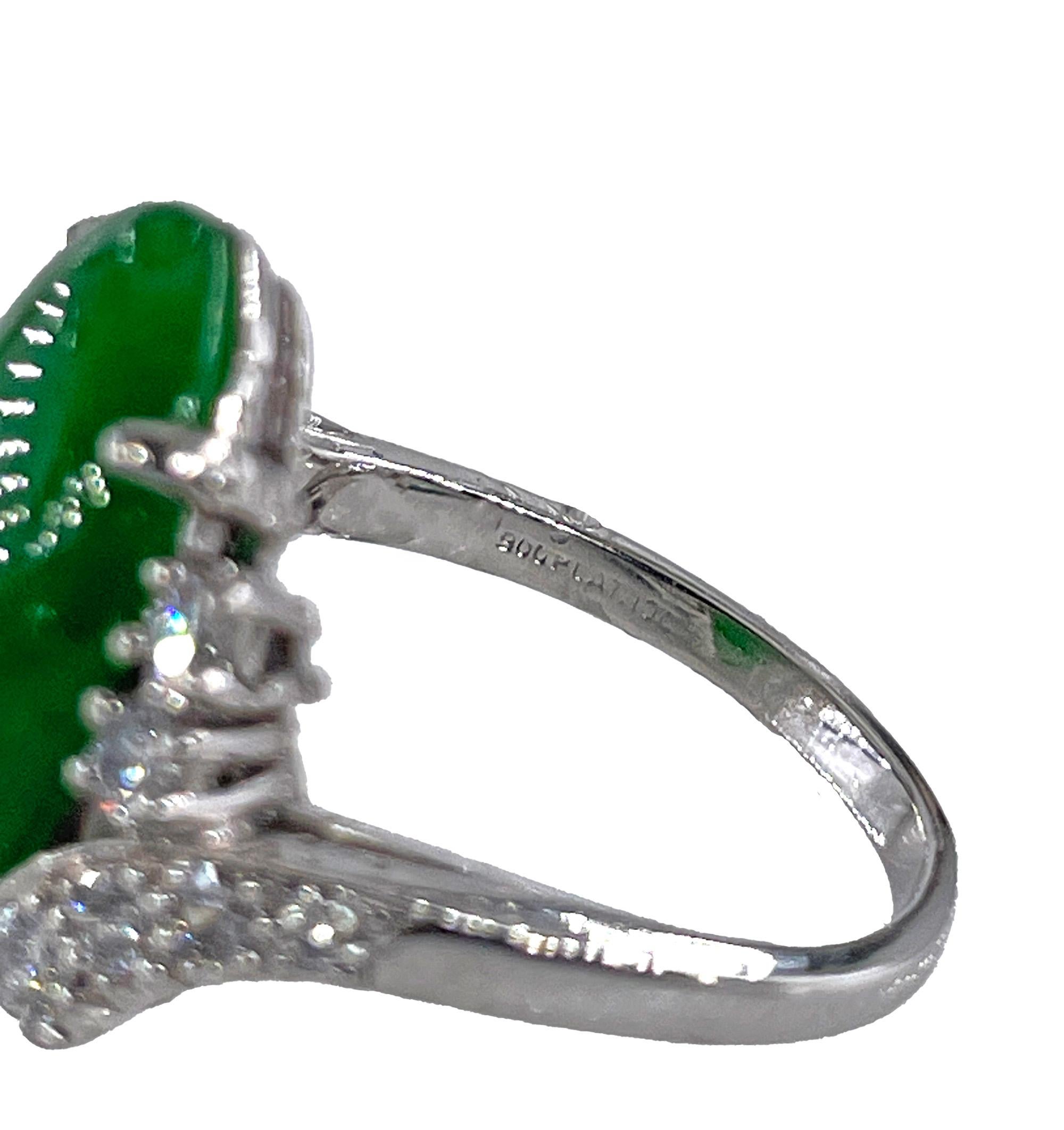 1950s GIA 11.62ctw Natural UNTREATED Green Jade JADEITE Diamond Platinum Ring en vente 6
