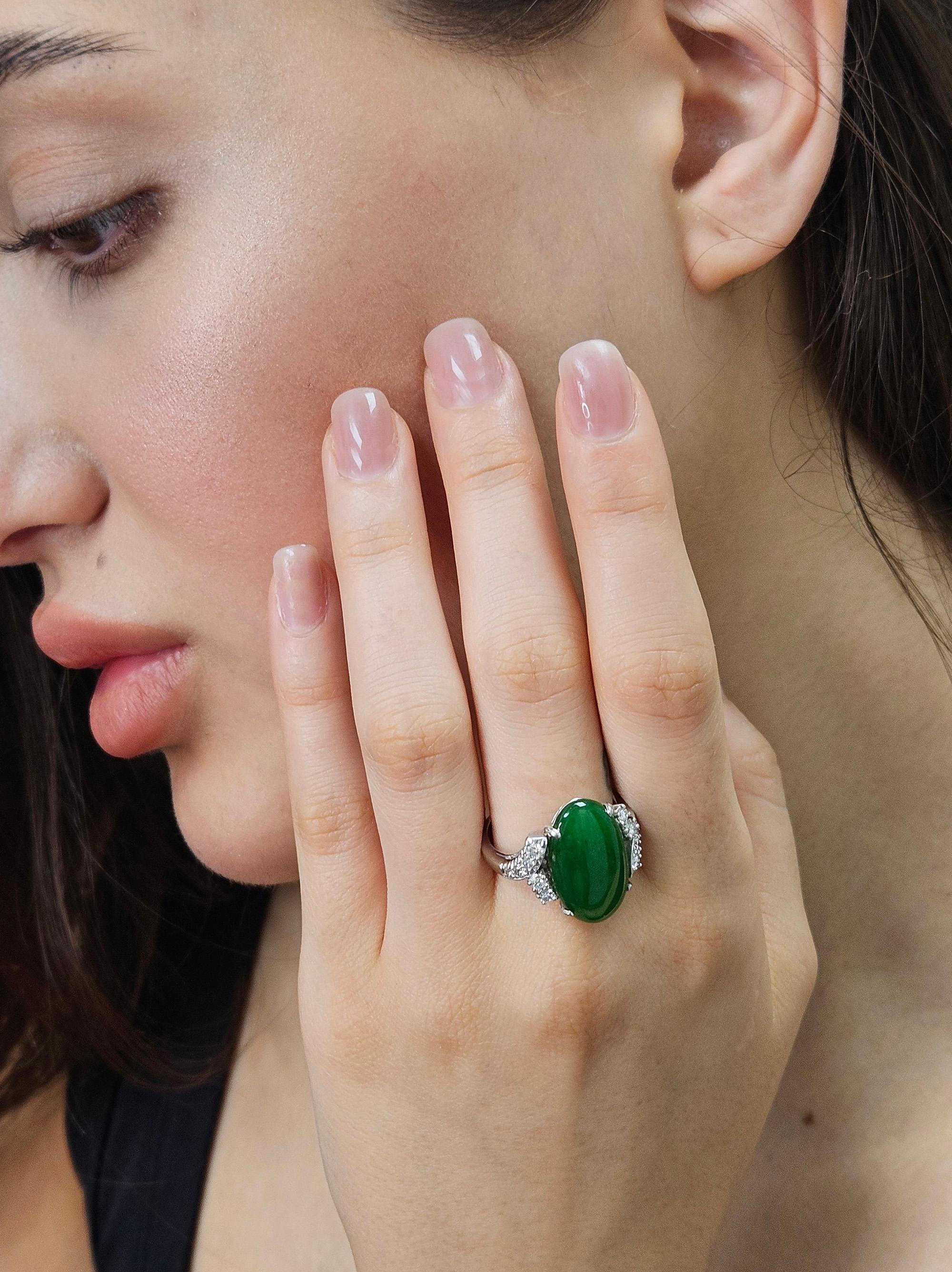 1950s GIA 11.62ctw Natural UNTREATED Green Jade JADEITE Diamond Platinum Ring en vente 10
