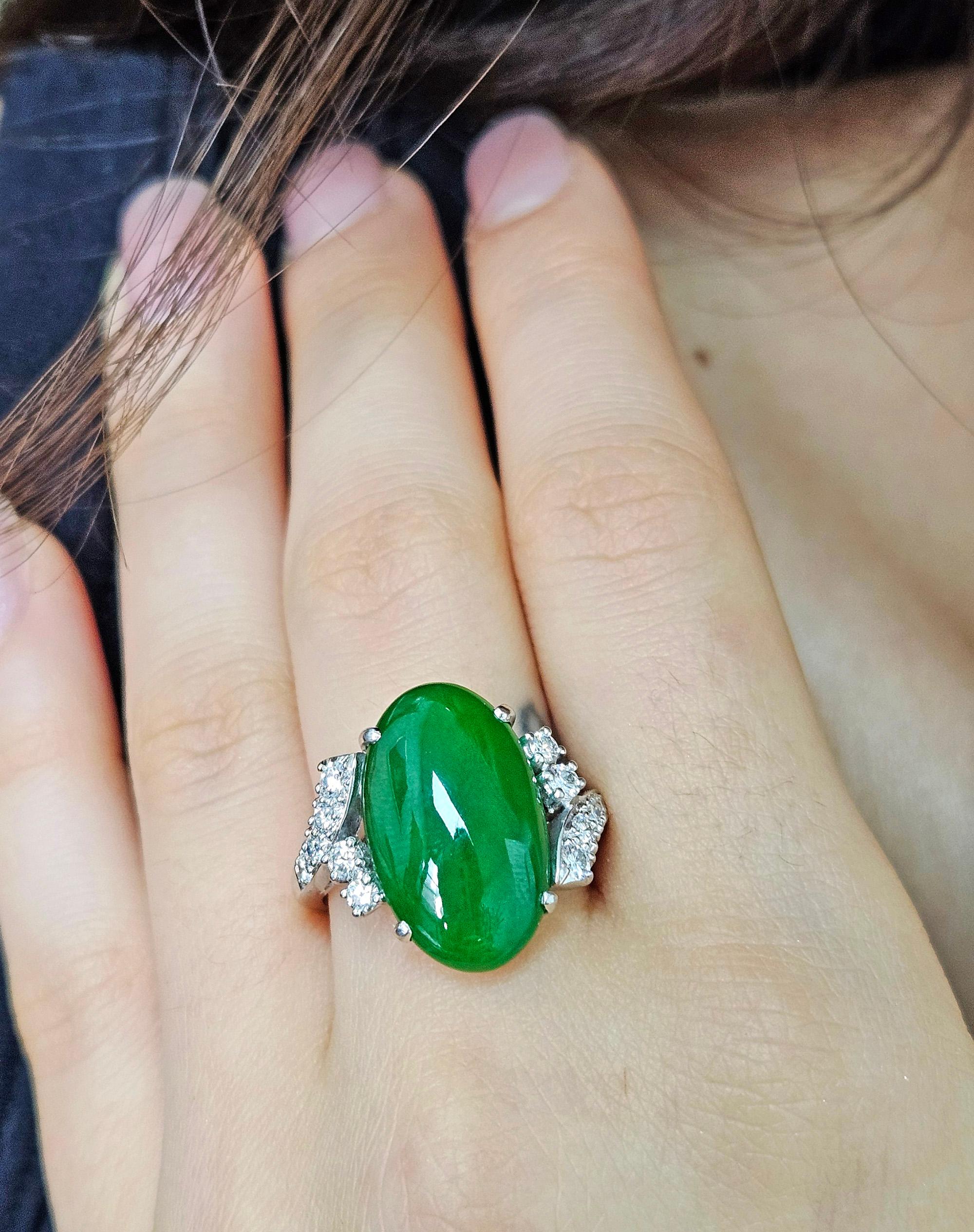 1950s GIA 11.62ctw Natural UNTREATED Green Jade JADEITE Diamond Platinum Ring en vente 11