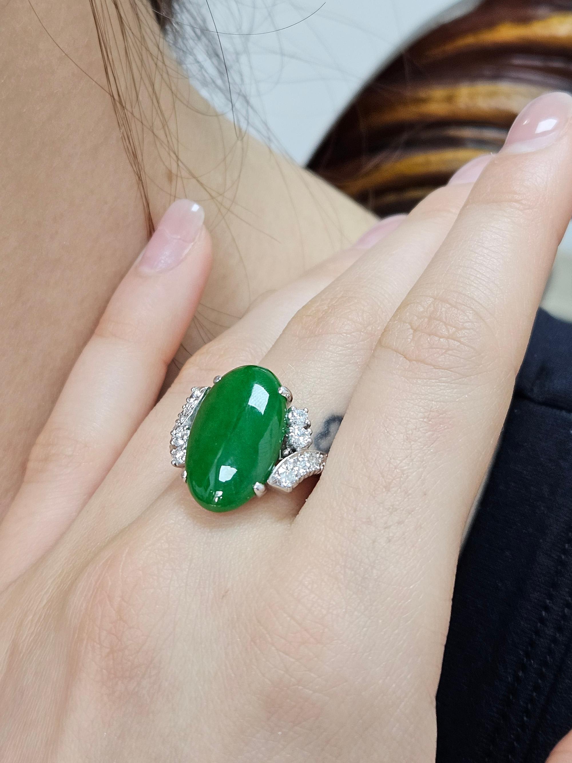 1950s GIA 11.62ctw Natural UNTREATED Green Jade JADEITE Diamond Platinum Ring en vente 12