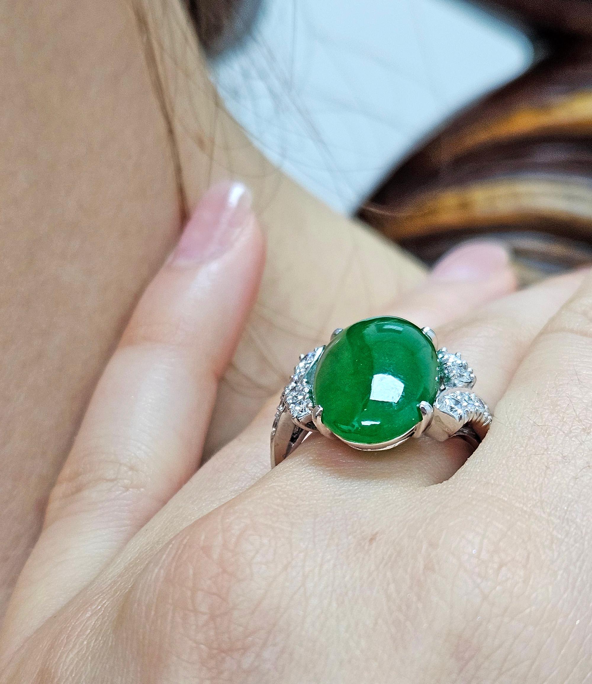 1950s GIA 11.62ctw Natural UNTREATED Green Jade JADEITE Diamond Platinum Ring en vente 13