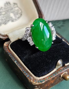 1950s GIA 11.62ctw Natural UNTREATED Green Jade JADEITE Diamond Platinum Ring