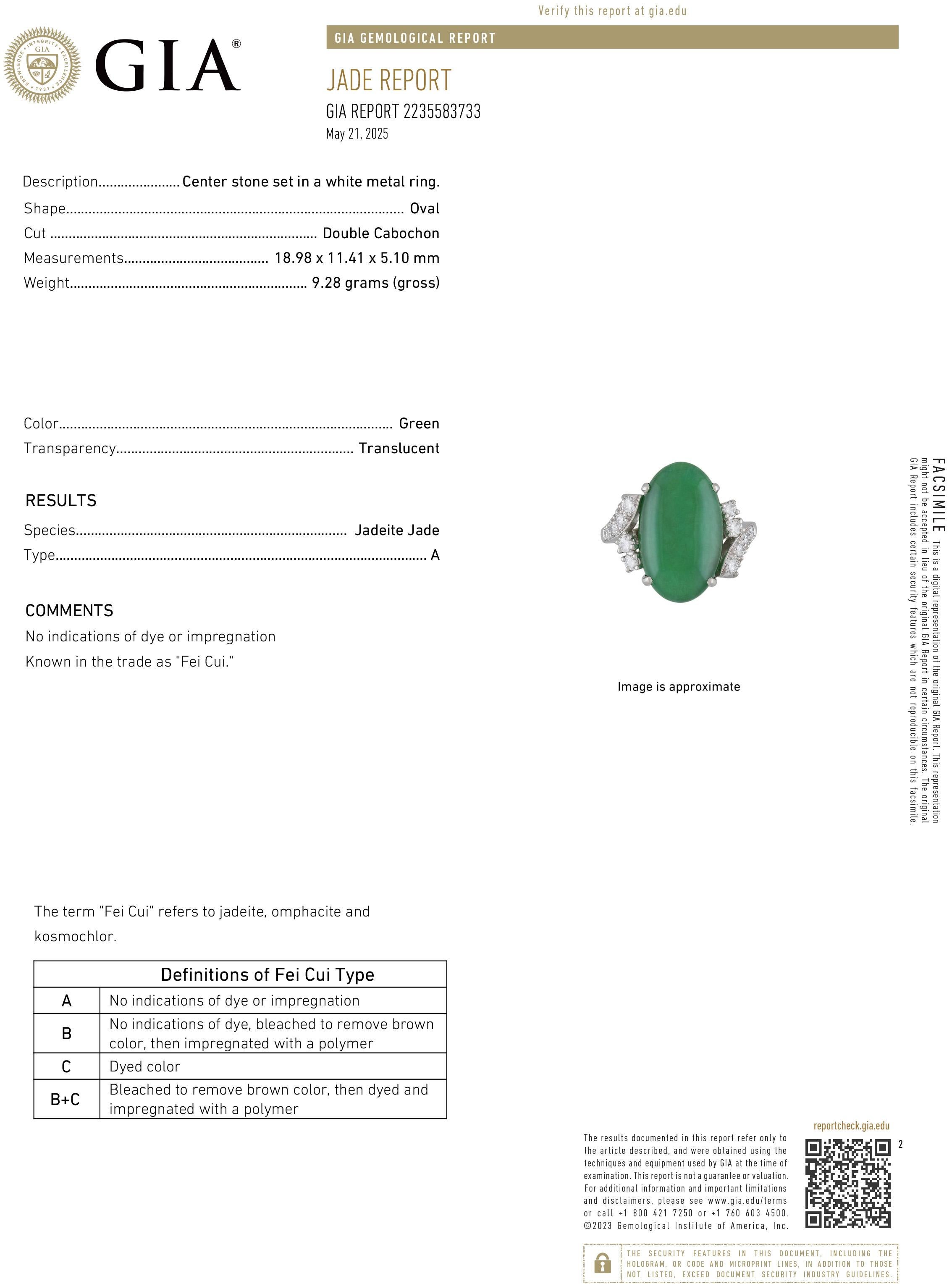 1950s GIA 11.62ctw Natural UNTREATED Green Jade JADEITE Diamond Platinum Ring en vente 1