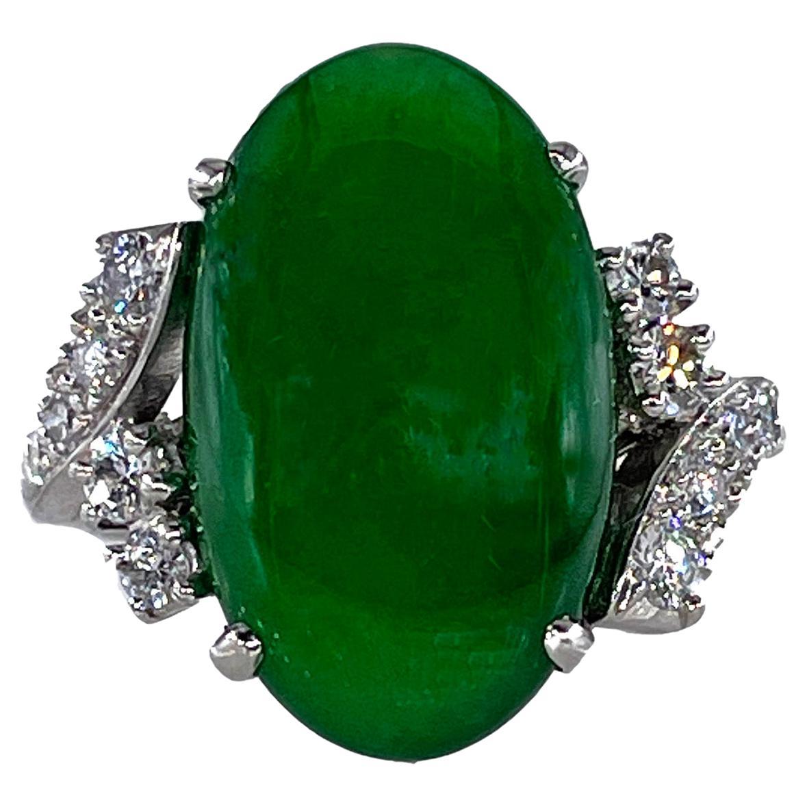 1950s GIA 11.62ctw Natural UNTREATED Green Jade JADEITE Diamond Platinum Ring