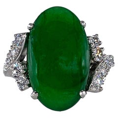 1950s GIA 11.62ctw Natural UNTREATED Green Jade JADEITE Diamond Platinum Ring