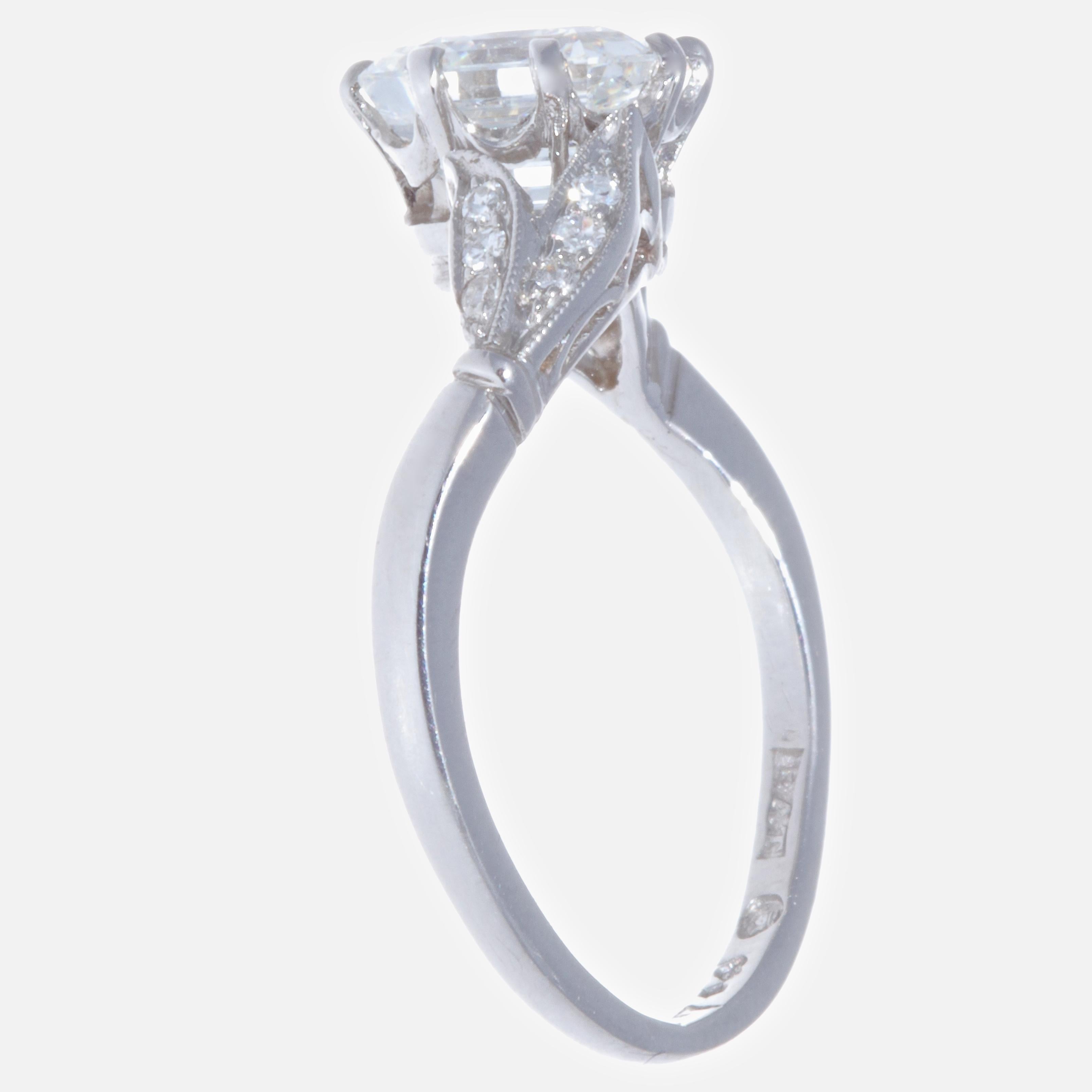 1950s GIA 2.05 Carat G VS2 Square Emerald Cut Diamond Platinum Ring In Good Condition In Beverly Hills, CA