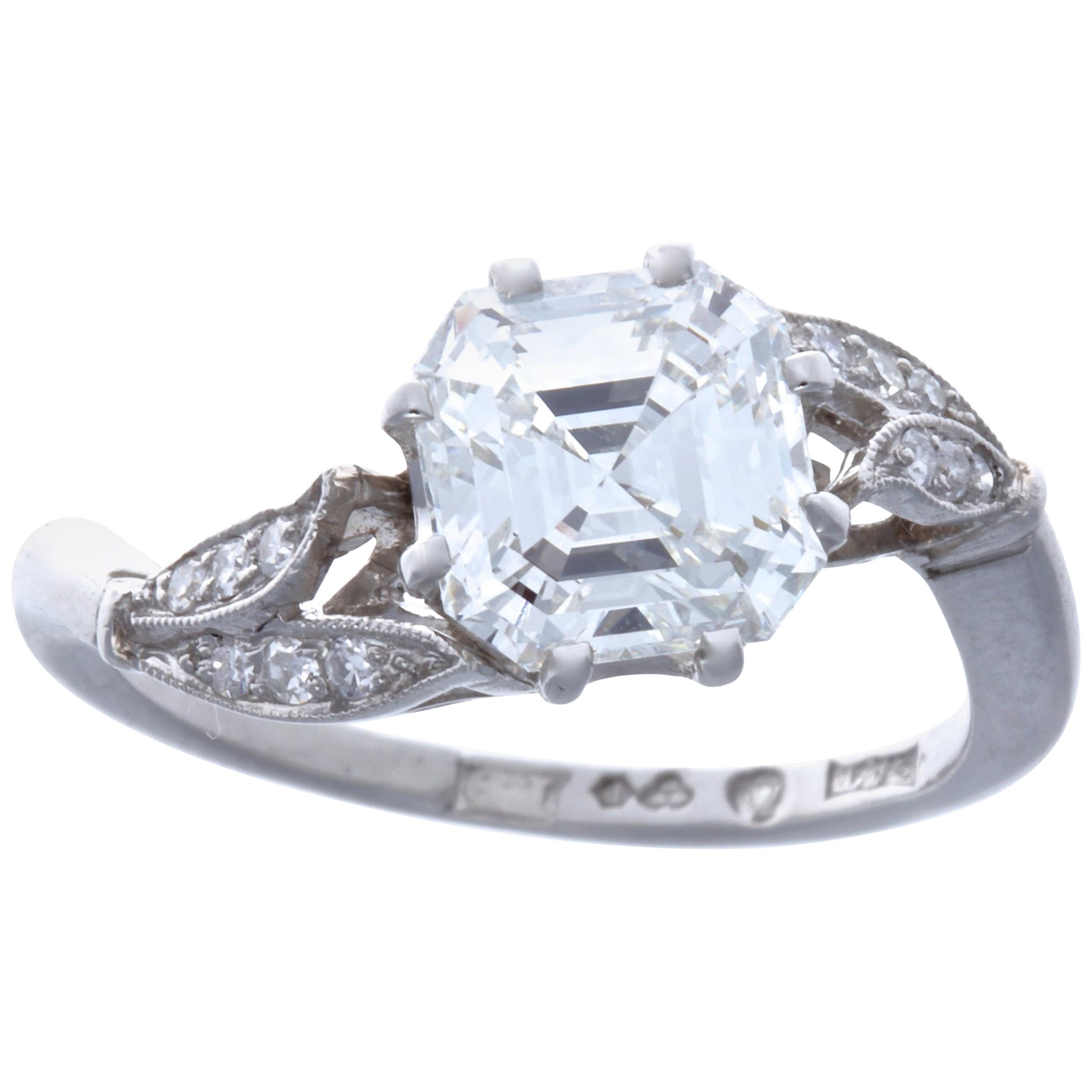 1950s GIA 2.05 Carat G VS2 Square Emerald Cut Diamond Platinum Ring