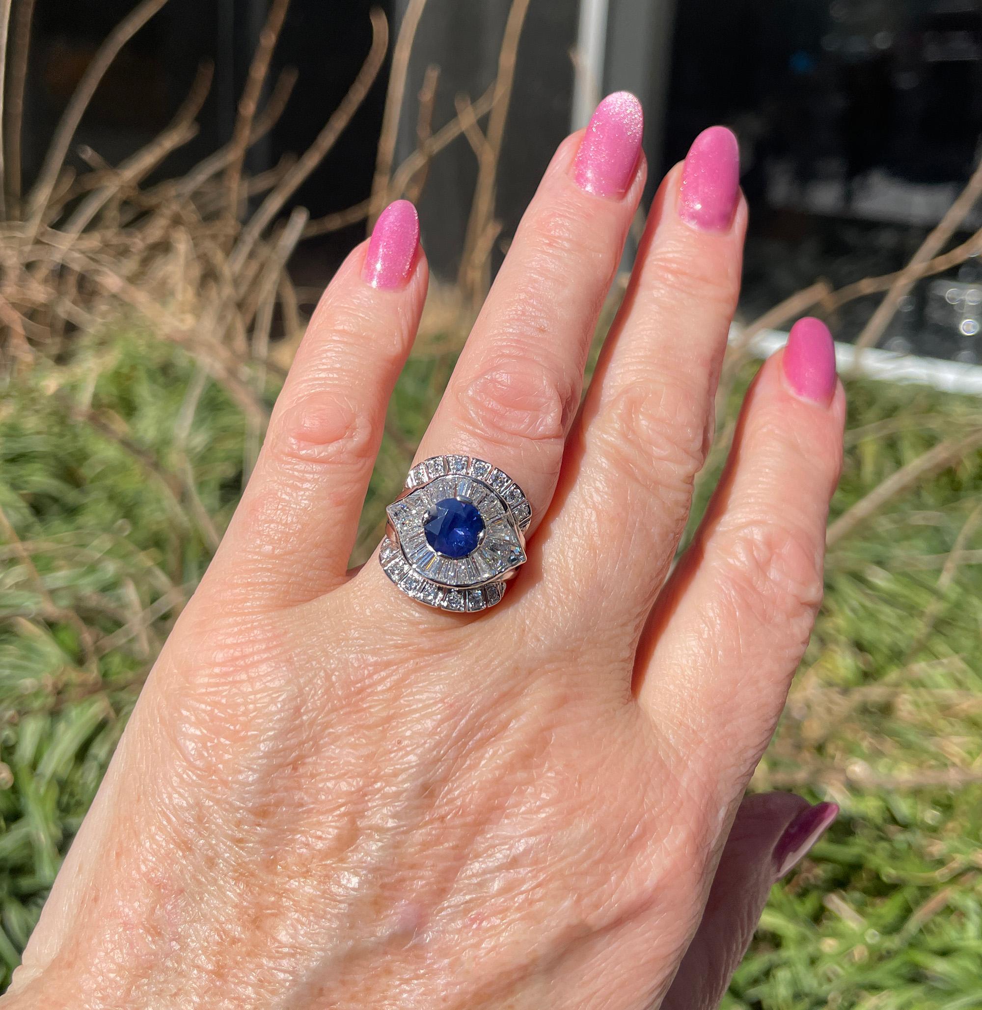 1950s GIA 4.38ctw Natural Color-Change PURPLE No-Heat Sapphire Diamond Plat Ring For Sale 5