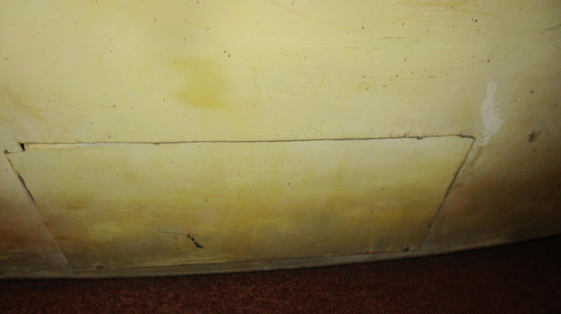If you are in search of a very large funky seventy four inch long hand painted hot dog sign, this is the advertising piece for you. Both sides are the same except for a small trap door at the bottom of one side. The inside has a steel L bracket to