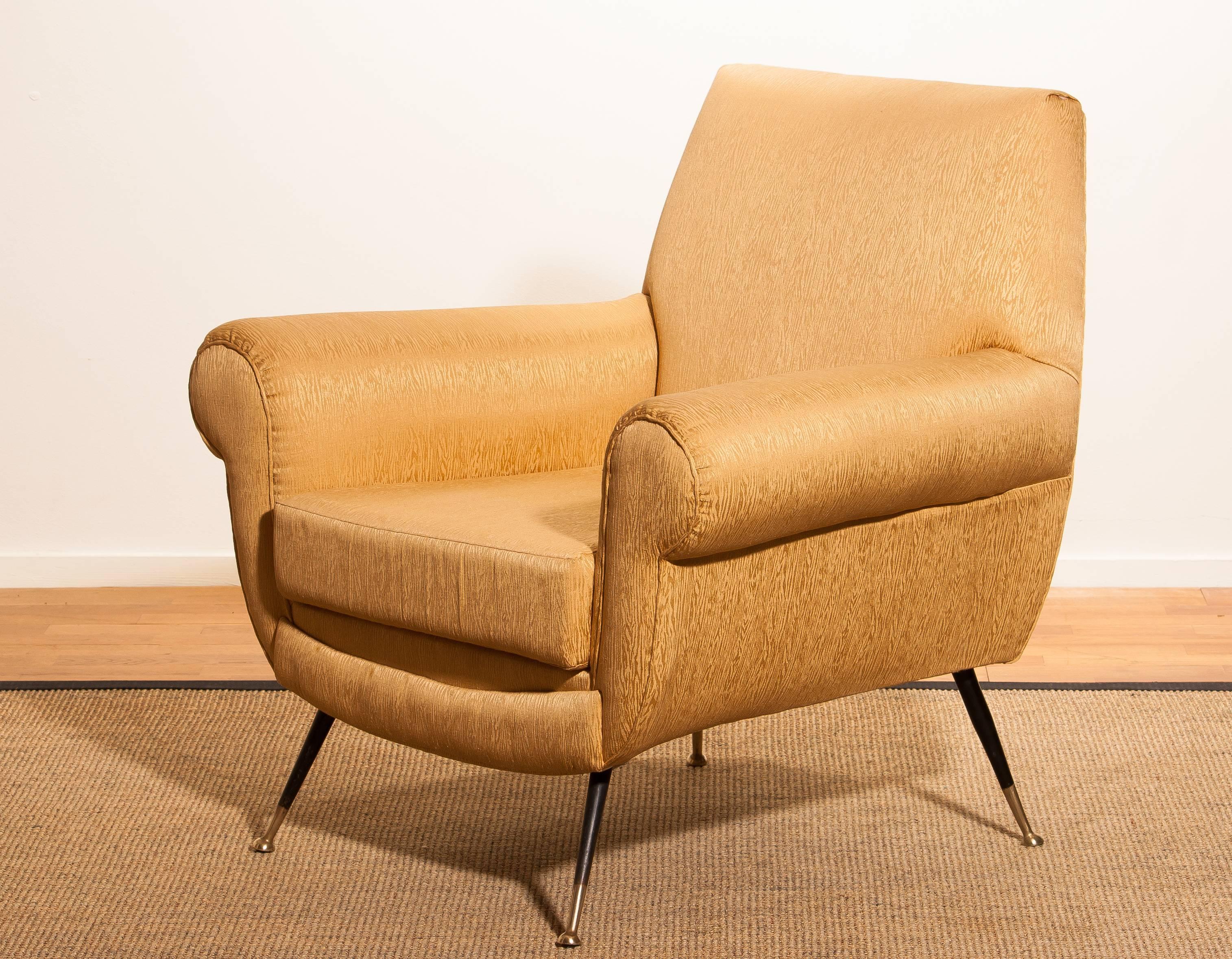 1950s, Gigi Radice for Minotti Easy Chair in Golden Jacquard and Slim Brass Legs 1