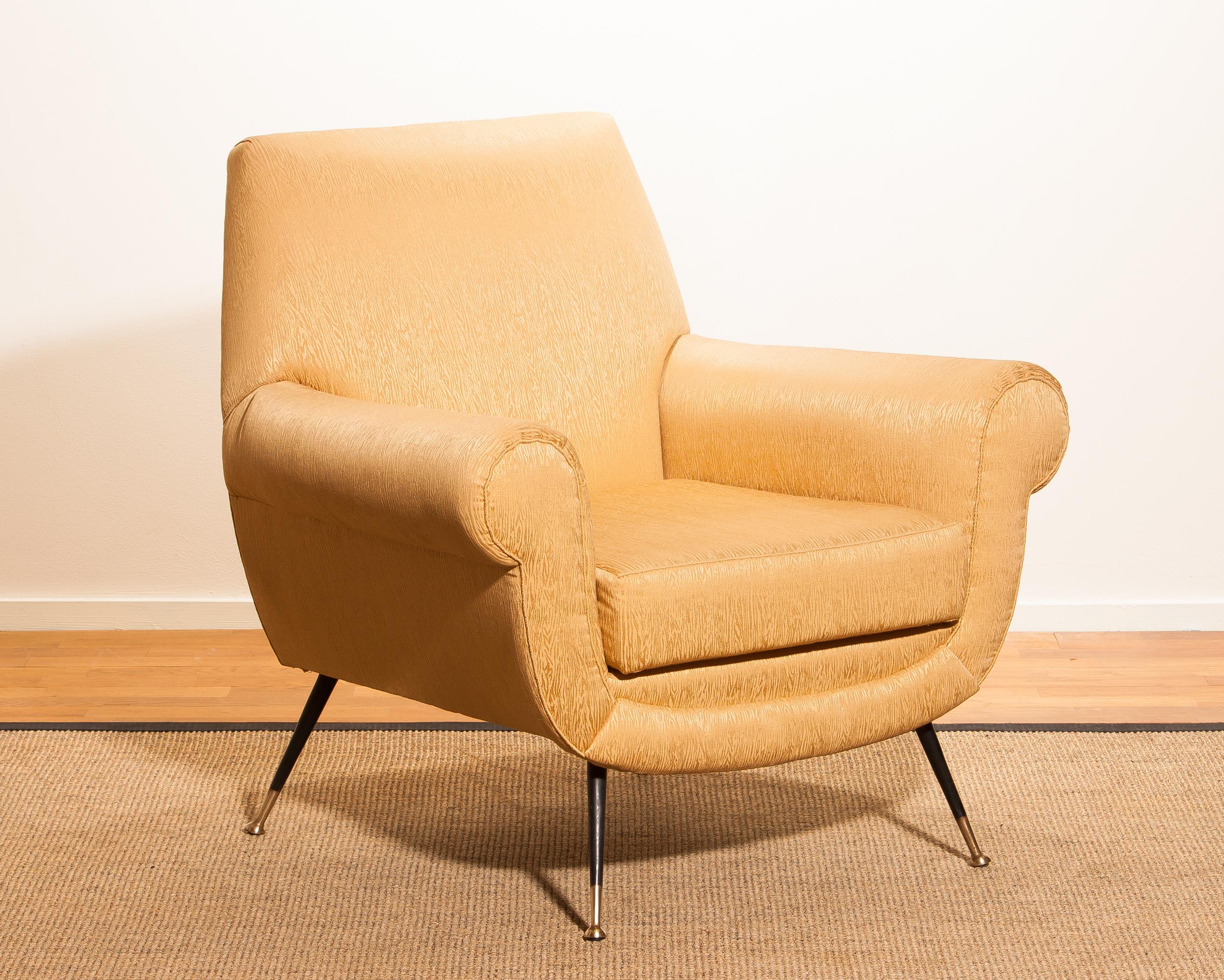 1950s, Gigi Radice for Minotti Easy Chair in Golden Jacquard and Slim Brass Legs 1