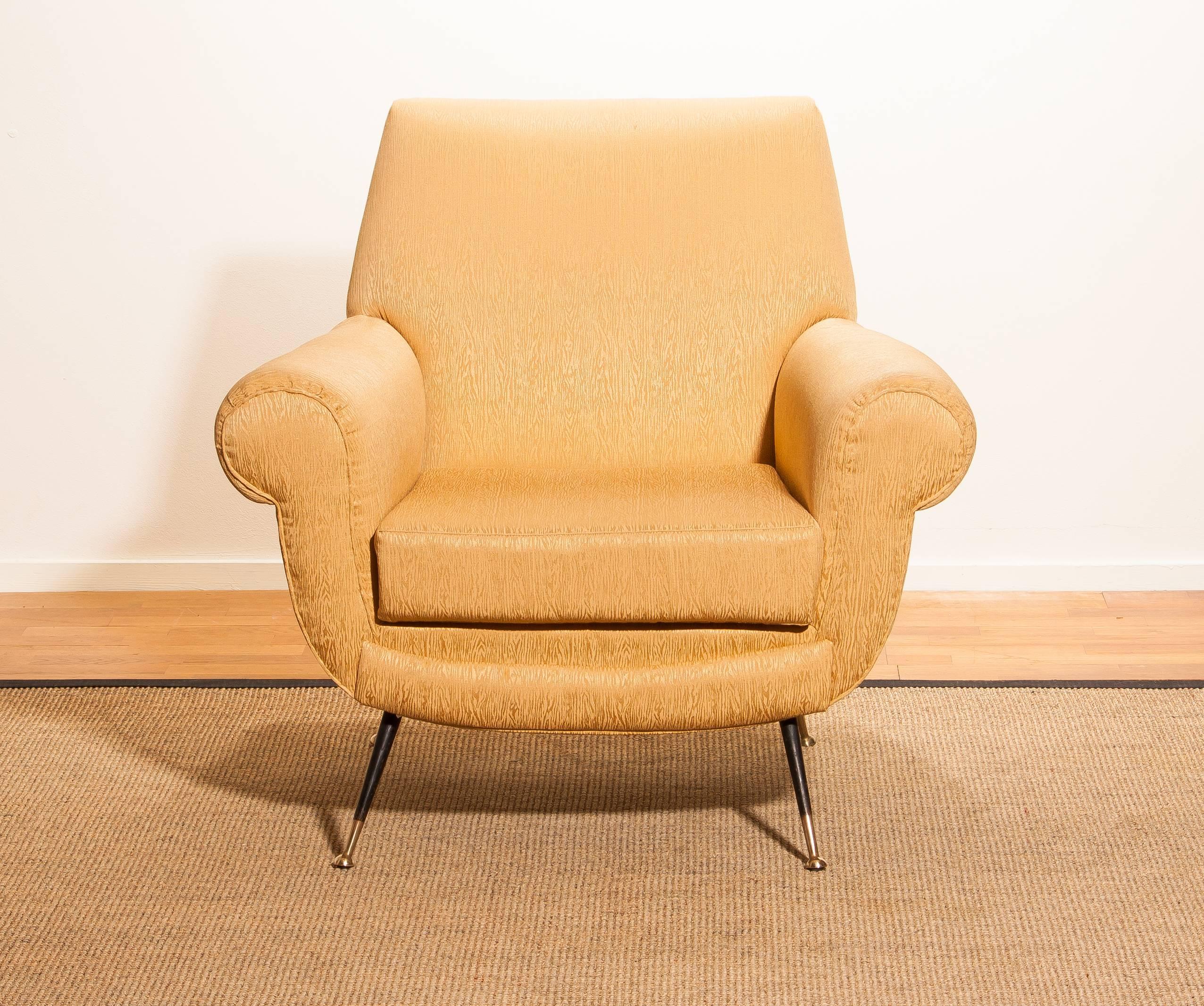 1950s, Gigi Radice for Minotti Easy Chair in Golden Jacquard and Slim Brass Legs 3