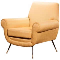 1950s, Gigi Radice for Minotti Easy Chair in Golden Jacquard and Slim Brass Legs