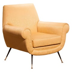 1950s, Gigi Radice for Minotti Easy Chair in Golden Jacquard and Slim Brass Legs