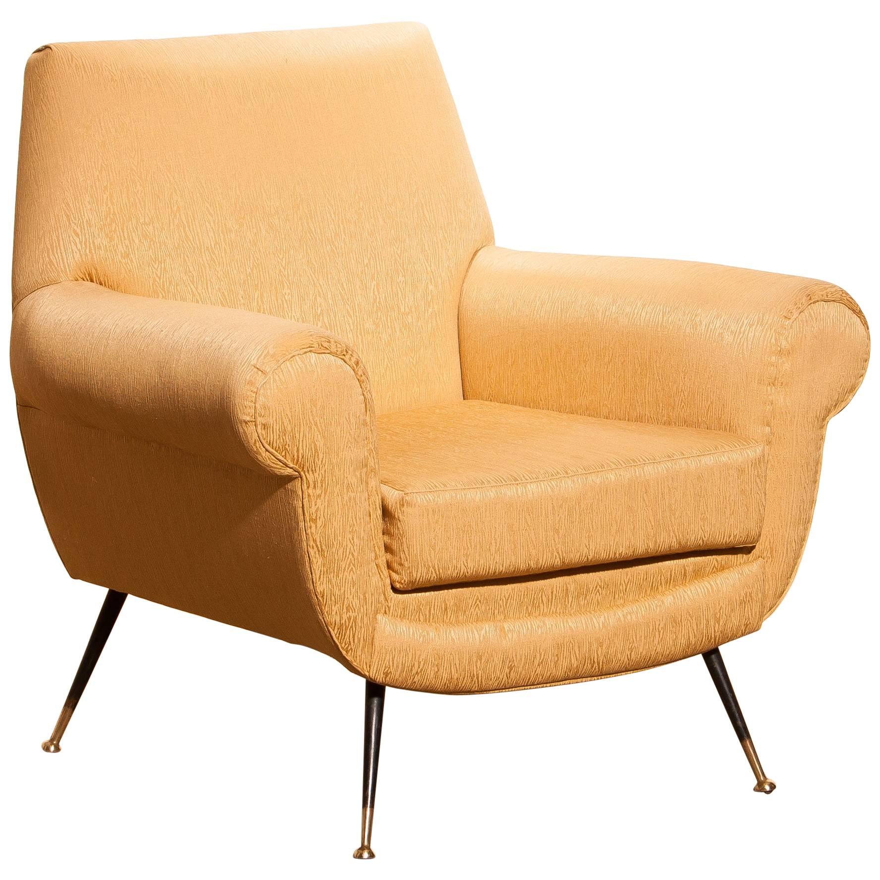 1950s Gigi Radice for Minotti Easy Chair in Golden Jacquard and Slim Brass Legs