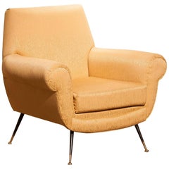 1950s Gigi Radice for Minotti Easy Chair in Golden Jacquard and Slim Brass Legs