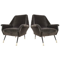 1950s Gigi Radice for Minotti Italian Vintage Pair of Gray Mohair Armchairs
