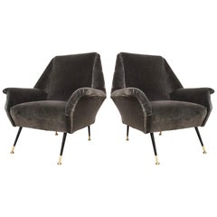 1950s Gigi Radice for Minotti Italian Vintage Pair of Gray Mohair Armchairs