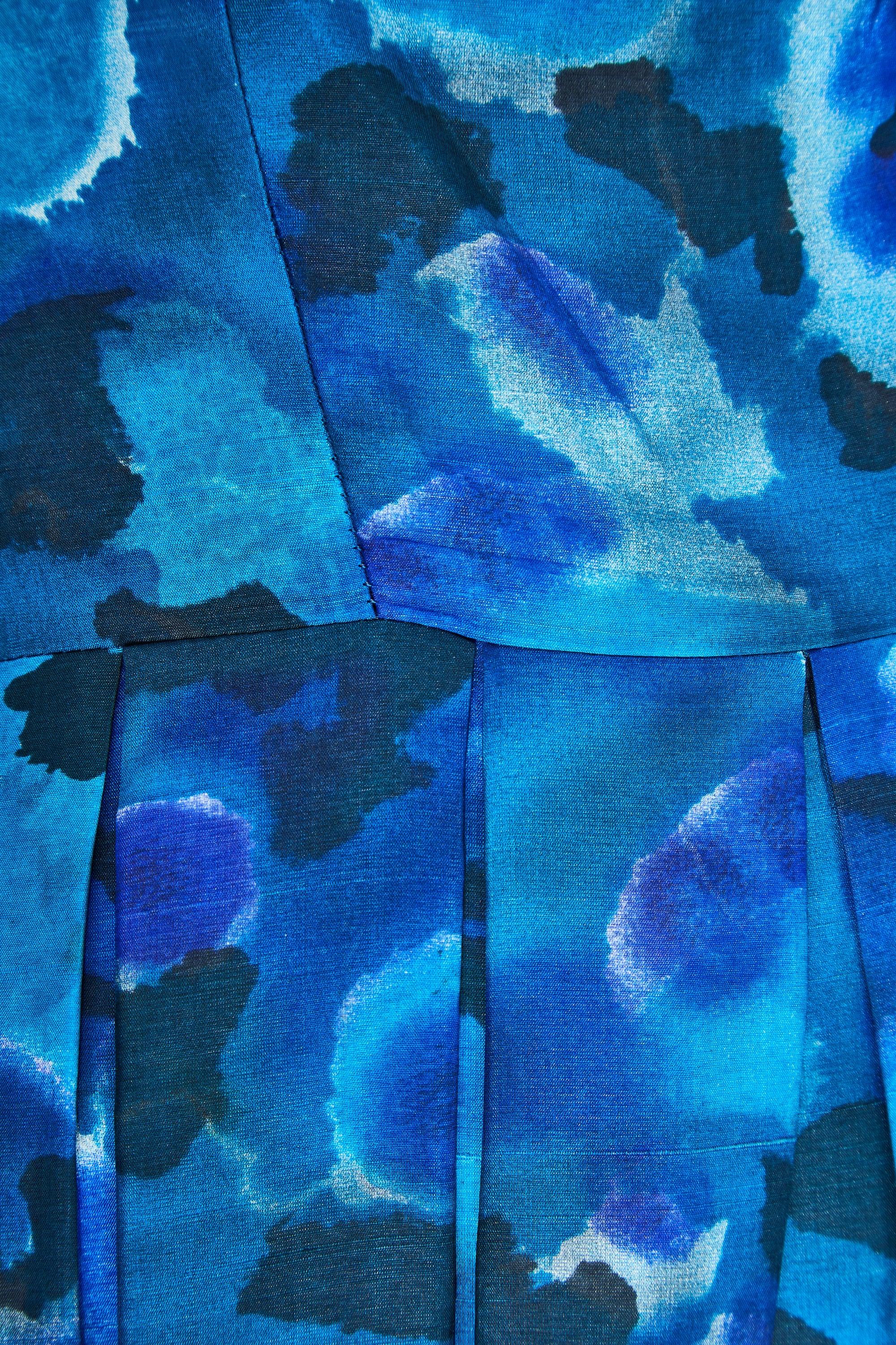 Women's 1950s Gigi Young Blue and Black Floral Silk Dress For Sale