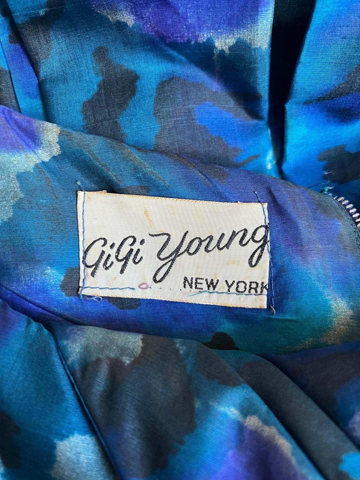 1950s Gigi Young Blue and Black Floral Silk Dress For Sale 1