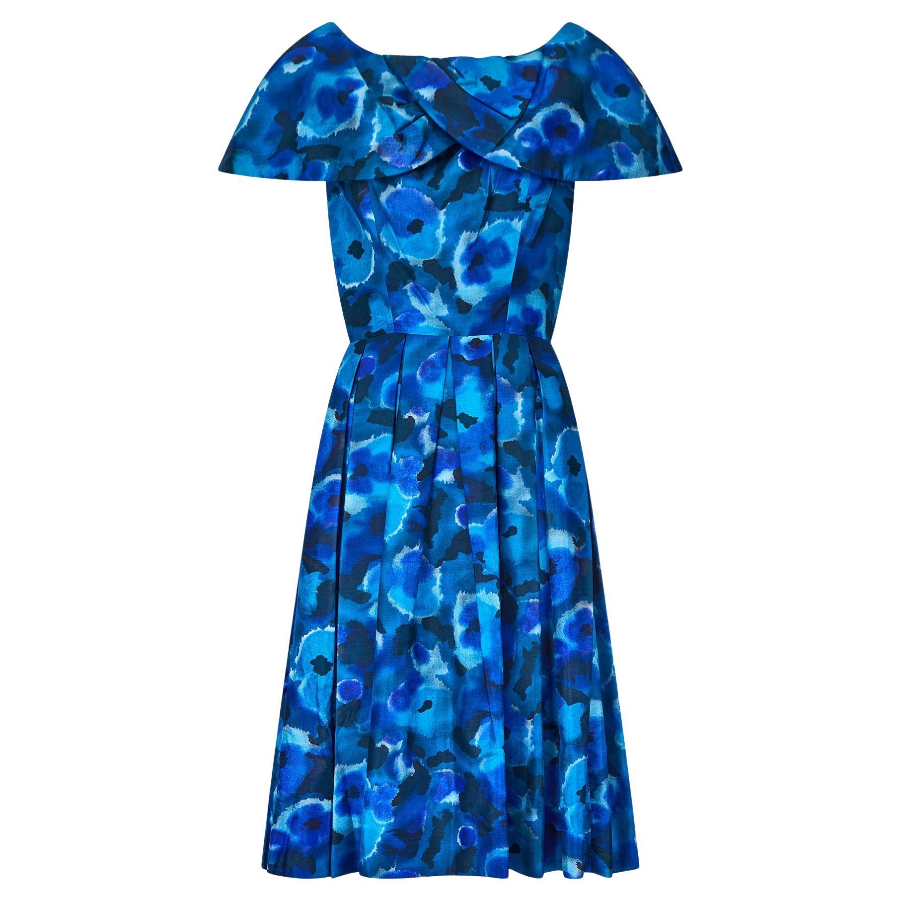 1950s Gigi Young Blue and Black Floral Silk Dress For Sale