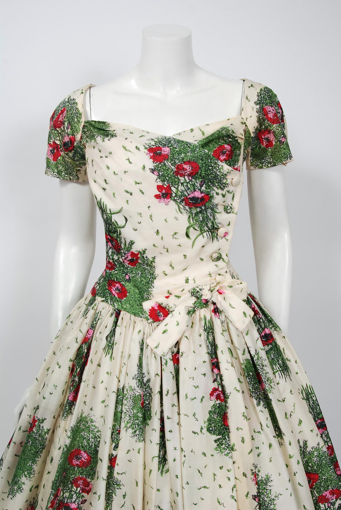 Stunning 1950's Gigi Young designer floral print dress fashion in a 