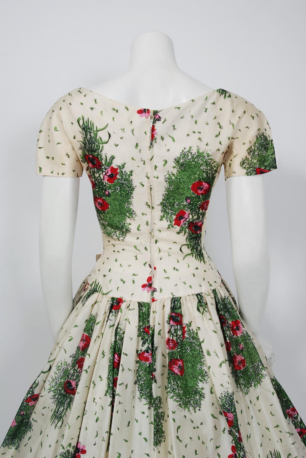 Women's Vintage 1950's Gigi Young Floral Garden Print Silk Sweetheart Circle-Skirt Dress