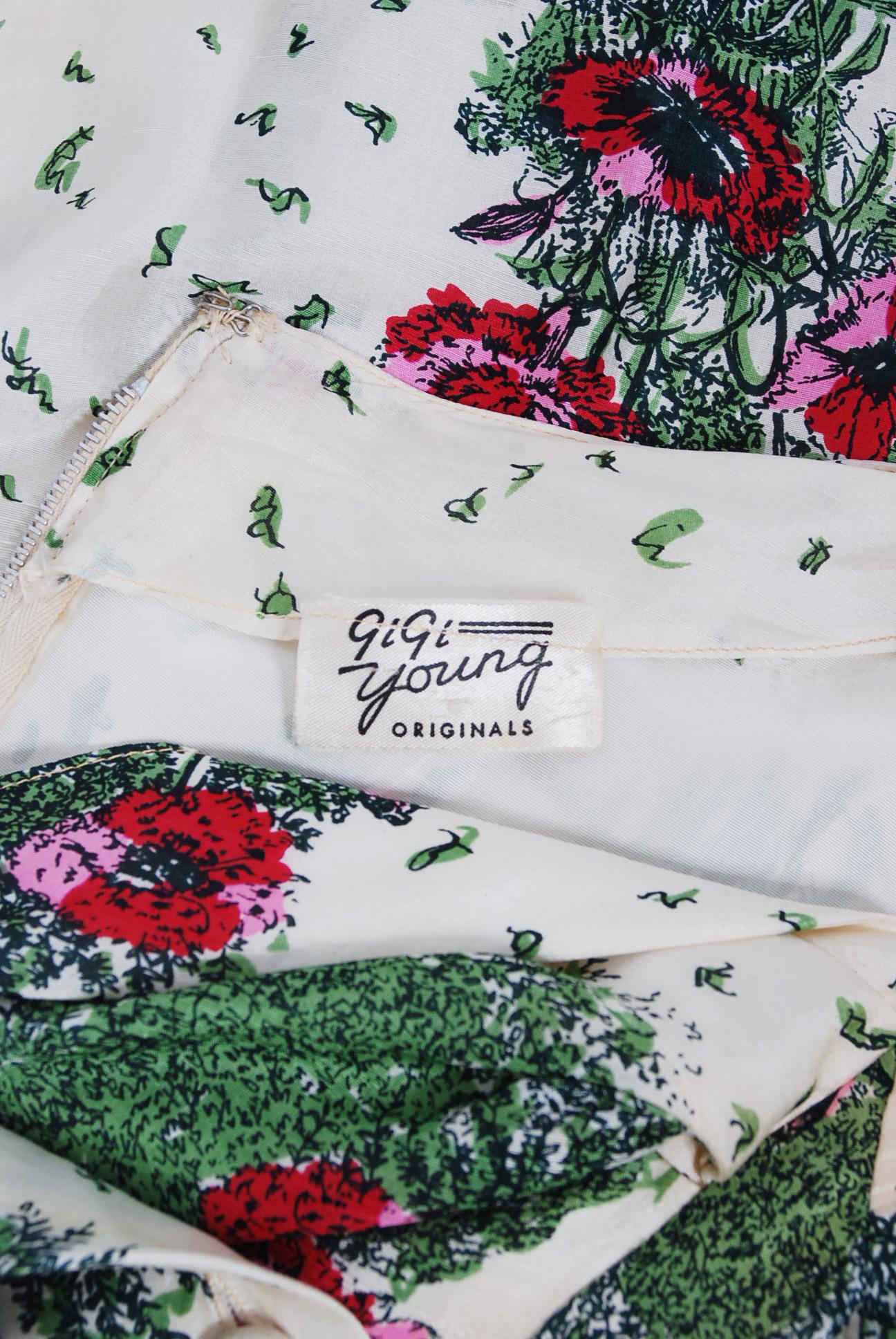 Vintage 1950's Gigi Young Floral Garden Print Silk Sweetheart Circle-Skirt Dress 1