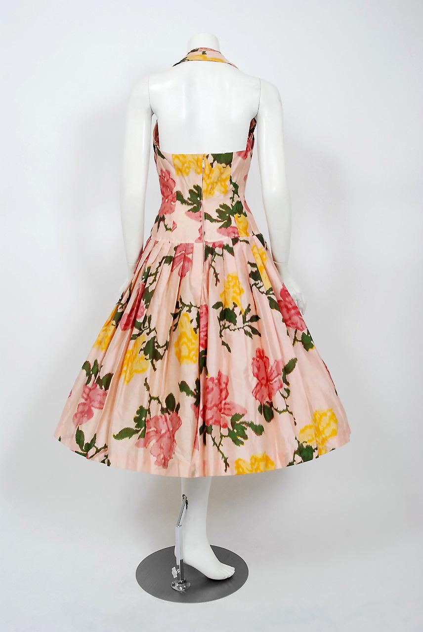 Vintage 1950's Gigi Young Pink Yellow Roses Floral Print Silk Halter Full Dress In Good Condition In Beverly Hills, CA