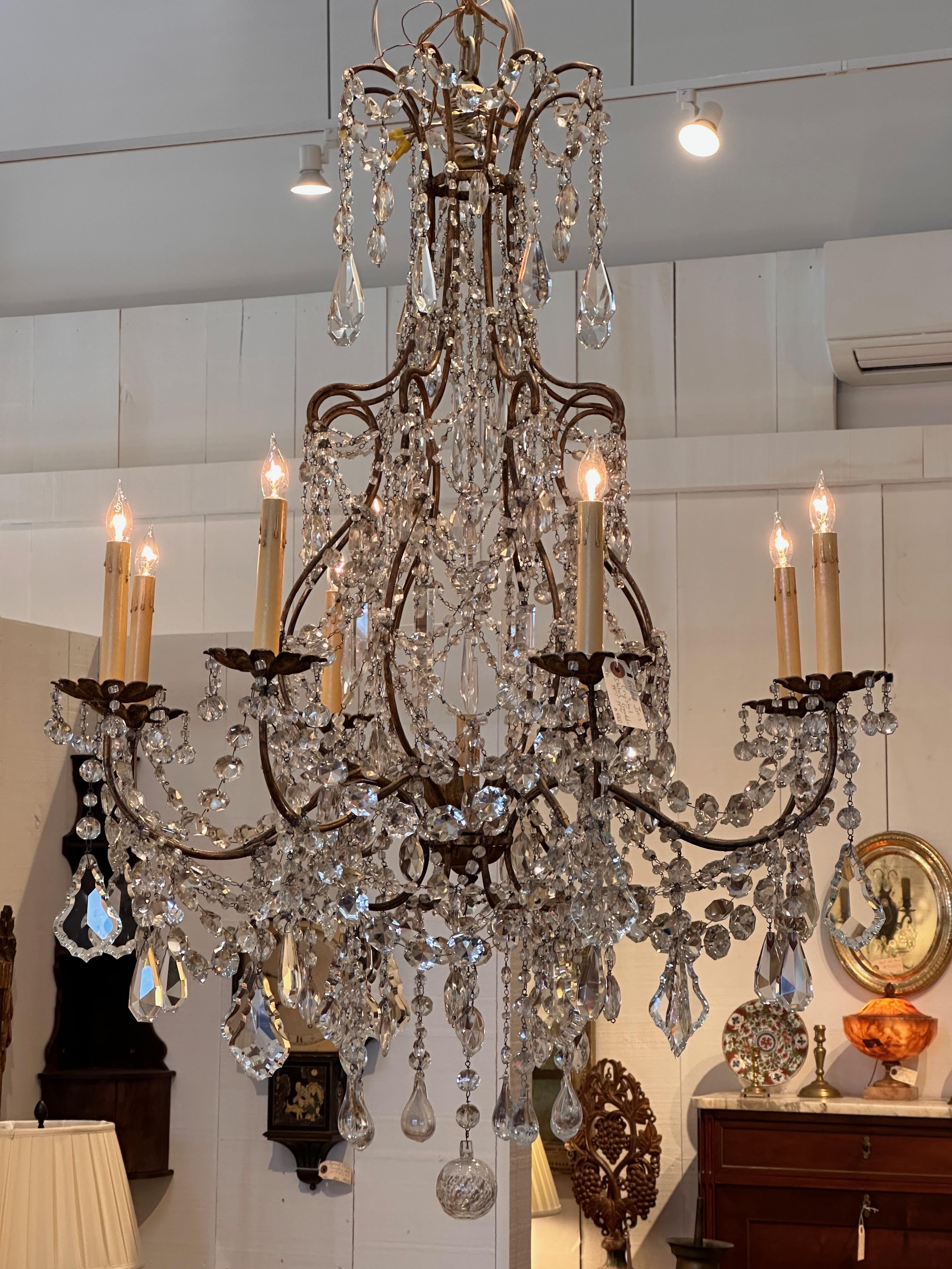 Metal 1950s Gilded Iron and Crystal Italian Chandelier For Sale
