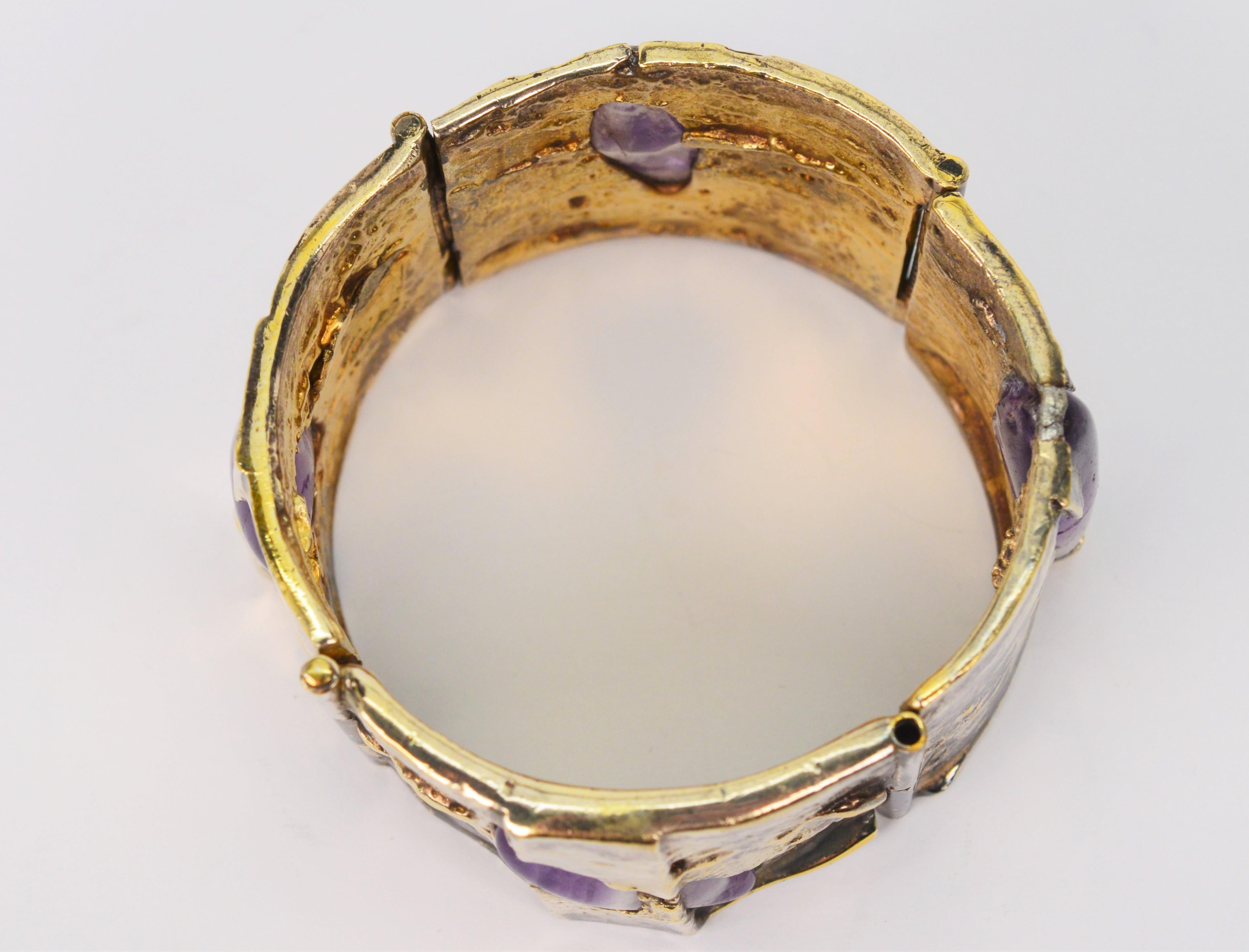 1950's Gilded Silver Amethyst Quartz Stone Panel Art Bracelet In Good Condition For Sale In Mount Kisco, NY