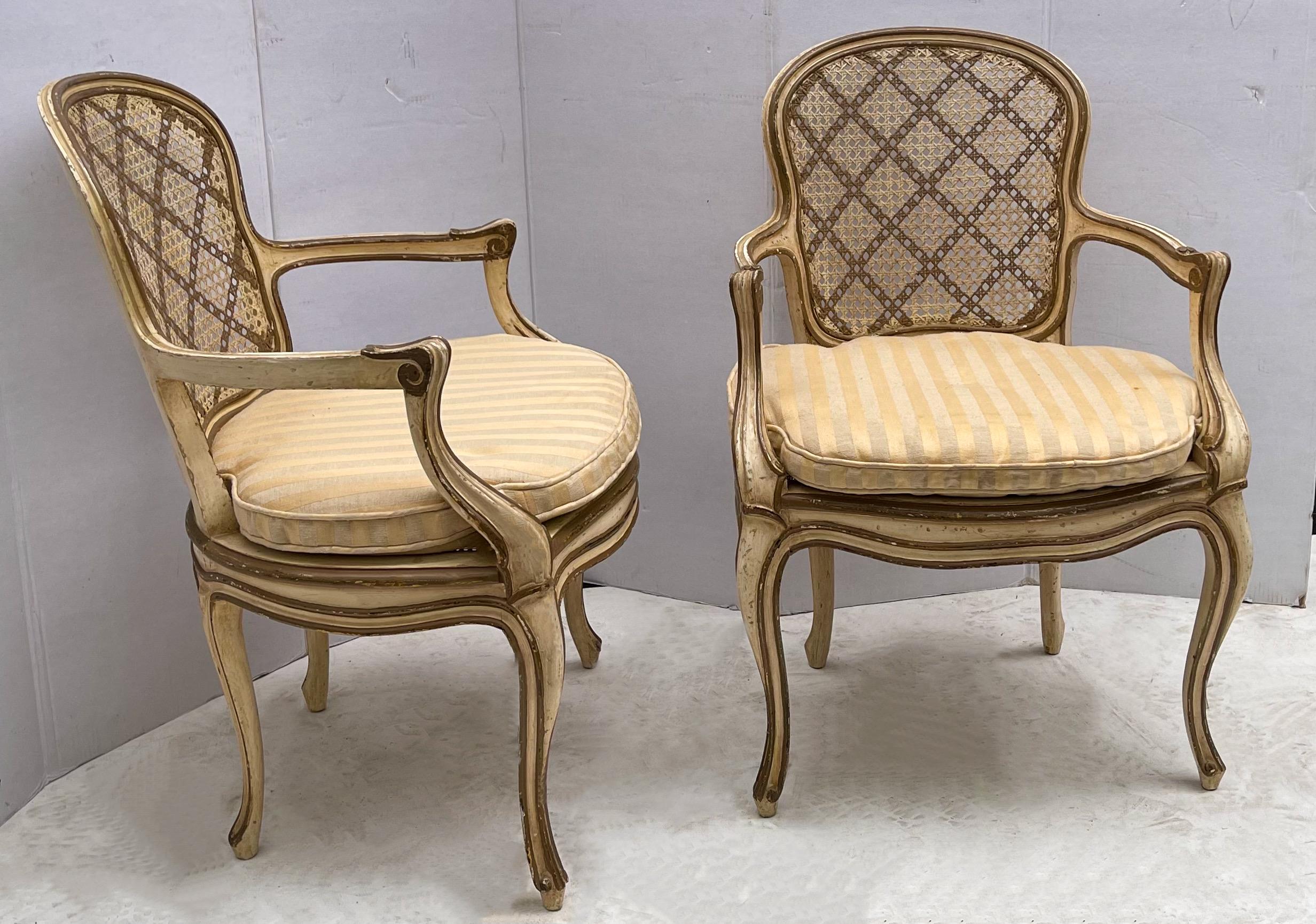 Louis XVI 1950s Gilt and Painted French Bergere Chairs, Pair For Sale