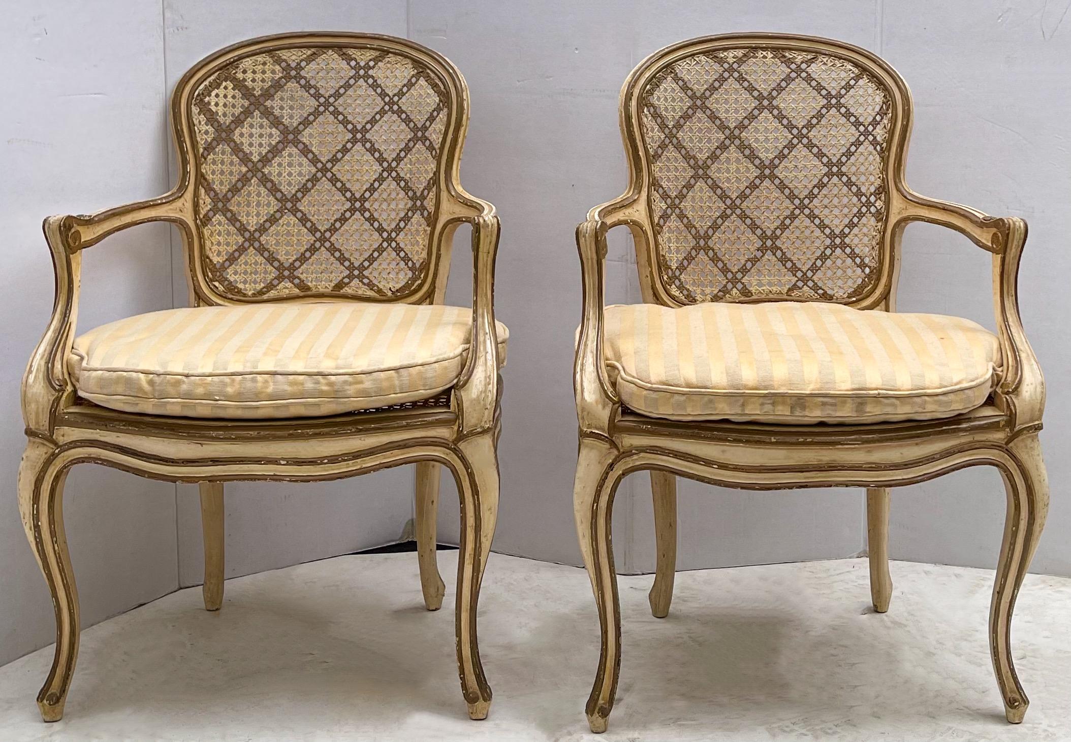 1950s Gilt and Painted French Bergere Chairs, Pair In Good Condition For Sale In Kennesaw, GA