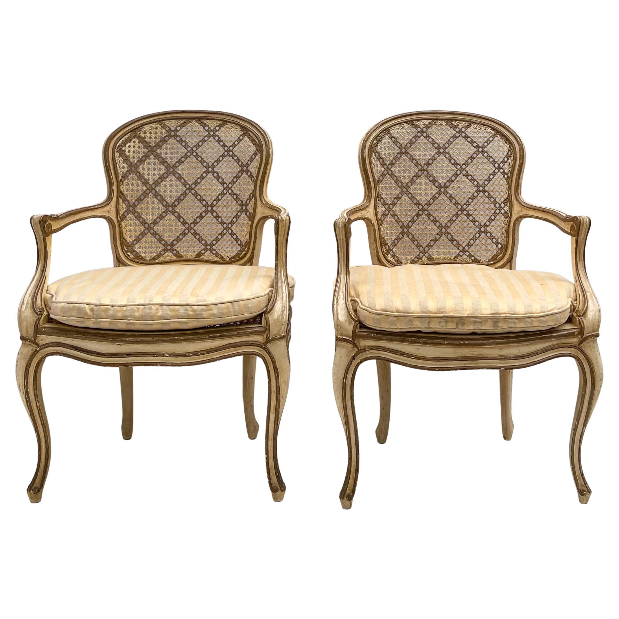 1950s Gilt and Painted French Bergere Chairs, Pair For Sale