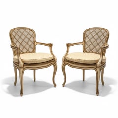 1950s Gilt and Painted French Bergere Chairs, Pair