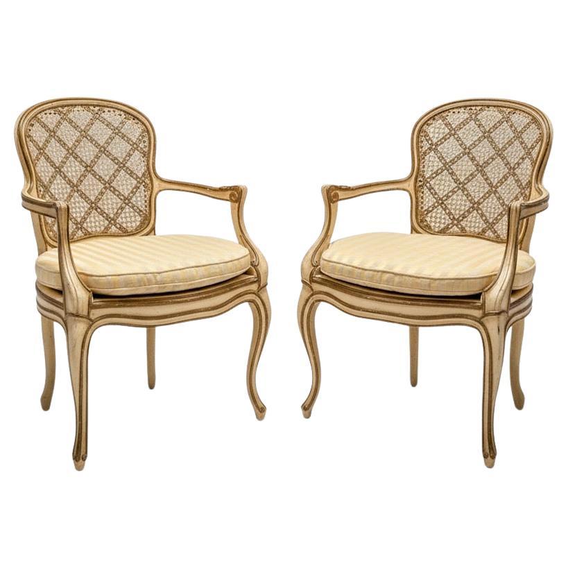 1950s Gilt and Painted French Bergere Chairs, Pair