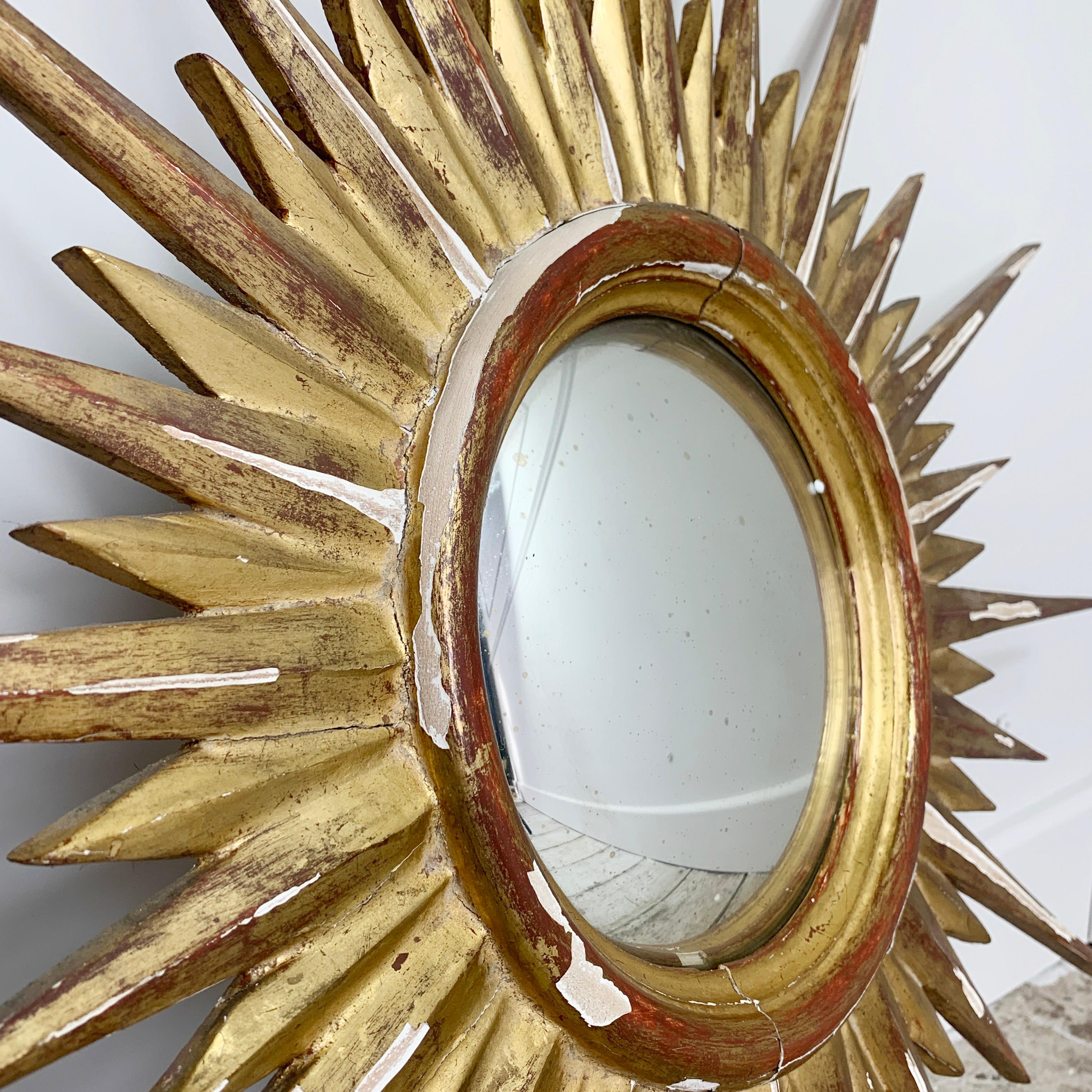 Hand-Crafted 1950'S Gilt Convex Sunburst Mirror