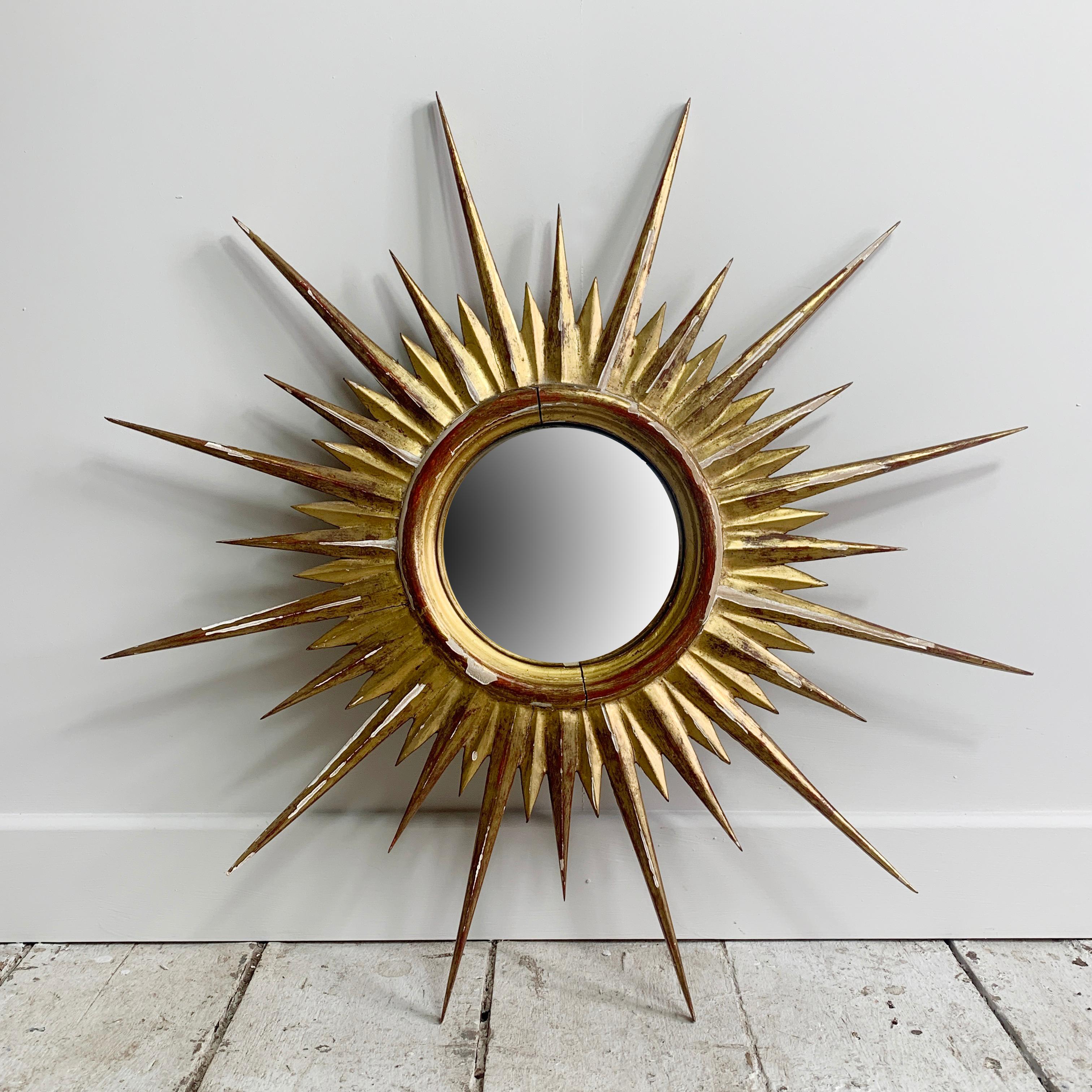 Wood 1950'S Gilt Convex Sunburst Mirror