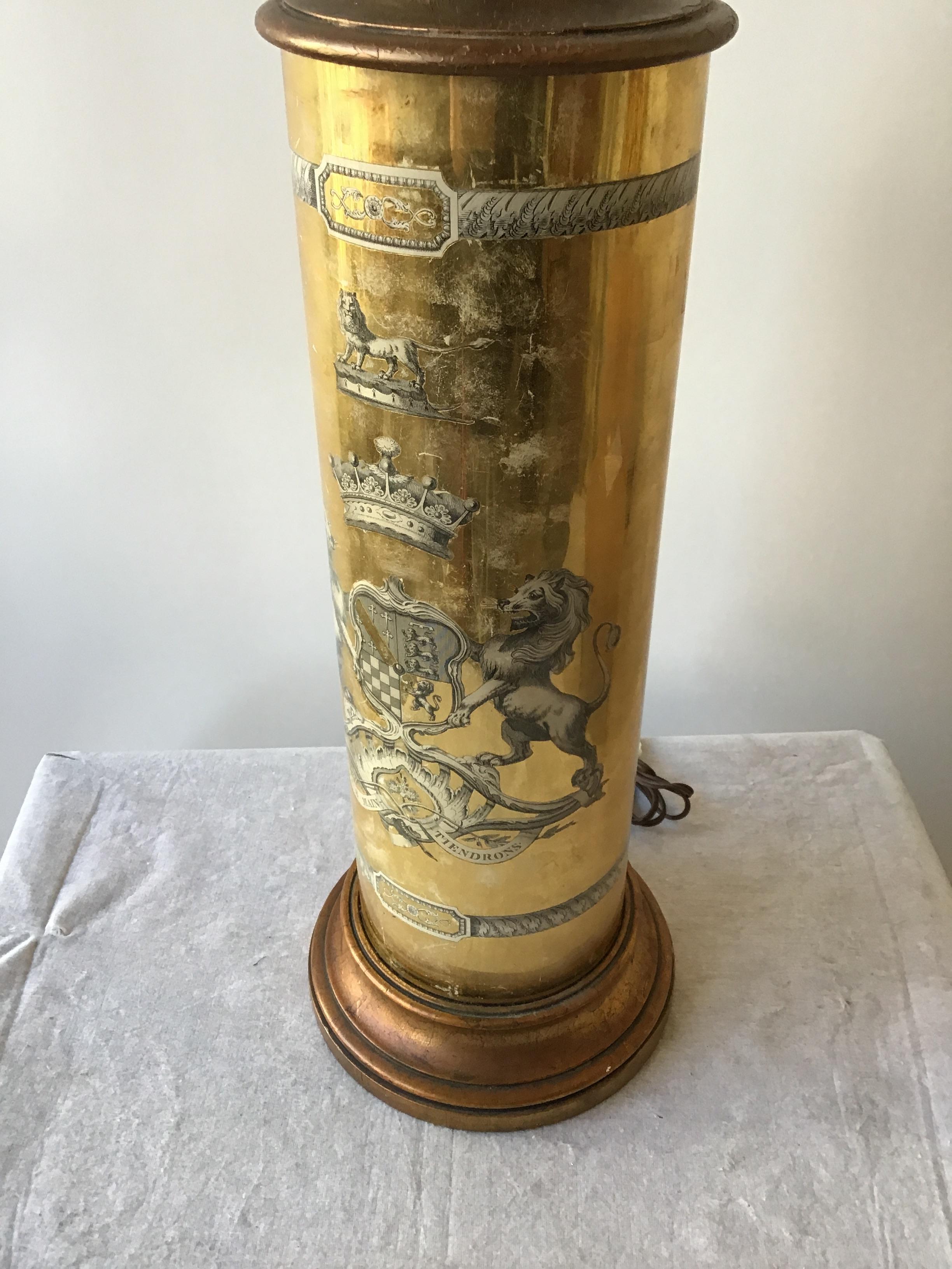 Glass 1950s Gilt Decoupage Italian Lion Crest Lamp For Sale