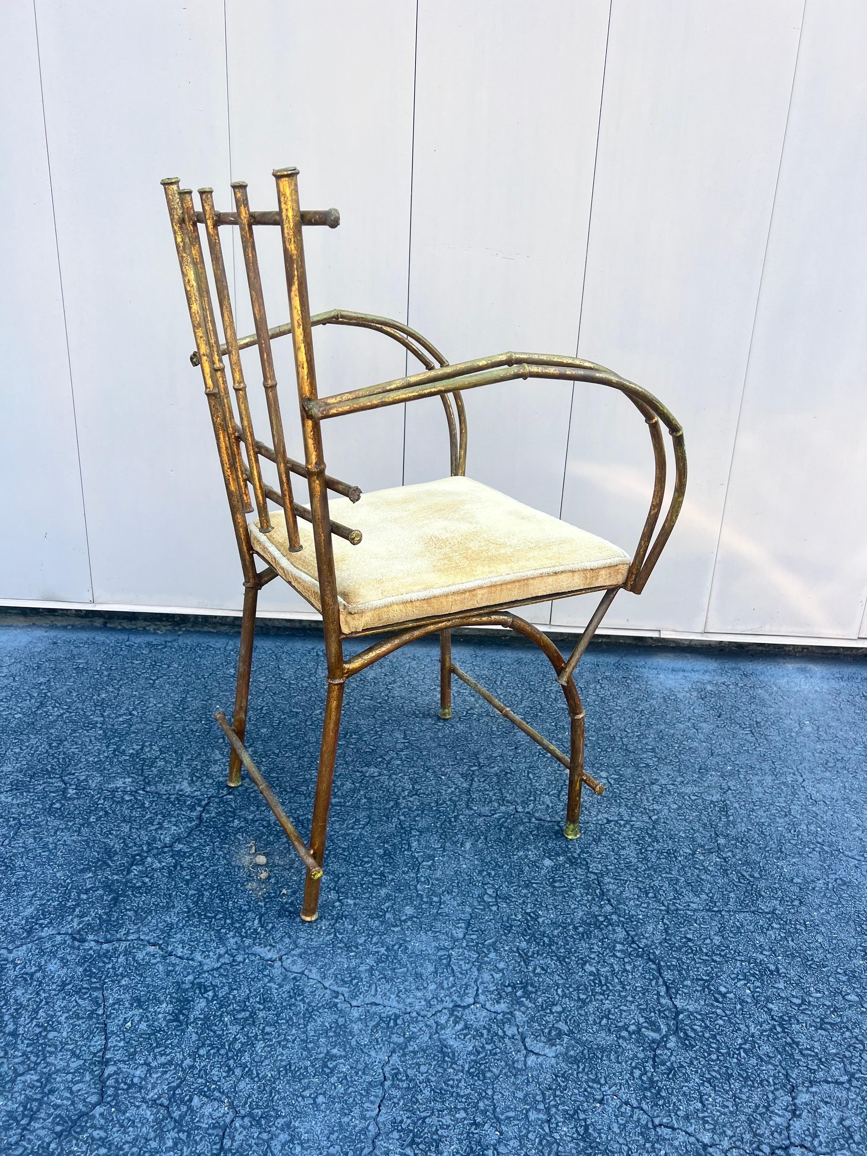 1950s Gilt Faux Bamboo Metal Arm / Vanity Chair Hollywood Regency For Sale 1