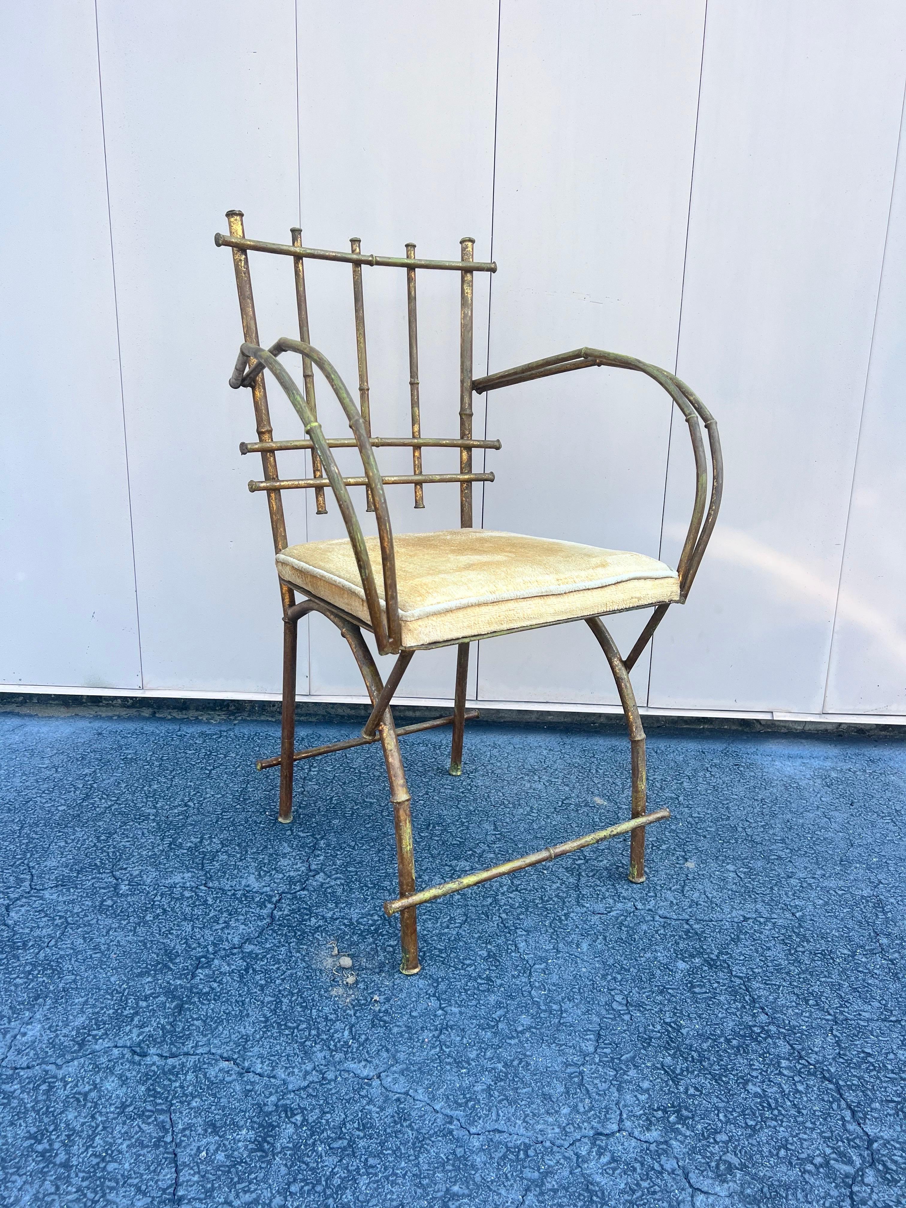 1950s Gilt Faux Bamboo Metal Arm / Vanity Chair Hollywood Regency For Sale 3