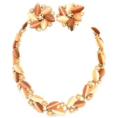 1950'S Gilt Gold Lucite & Austrian Crystal Necklace And Earrings S/3 By, Lisner