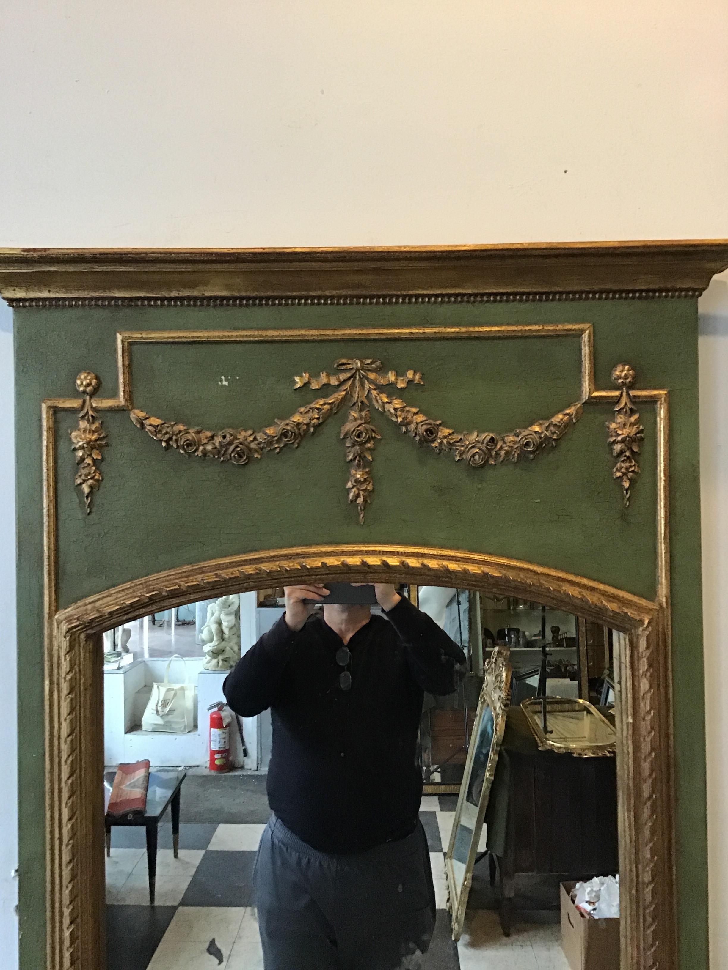 1950s French Green Trumeau Mirror With Gilt Accents In Good Condition In Tarrytown, NY