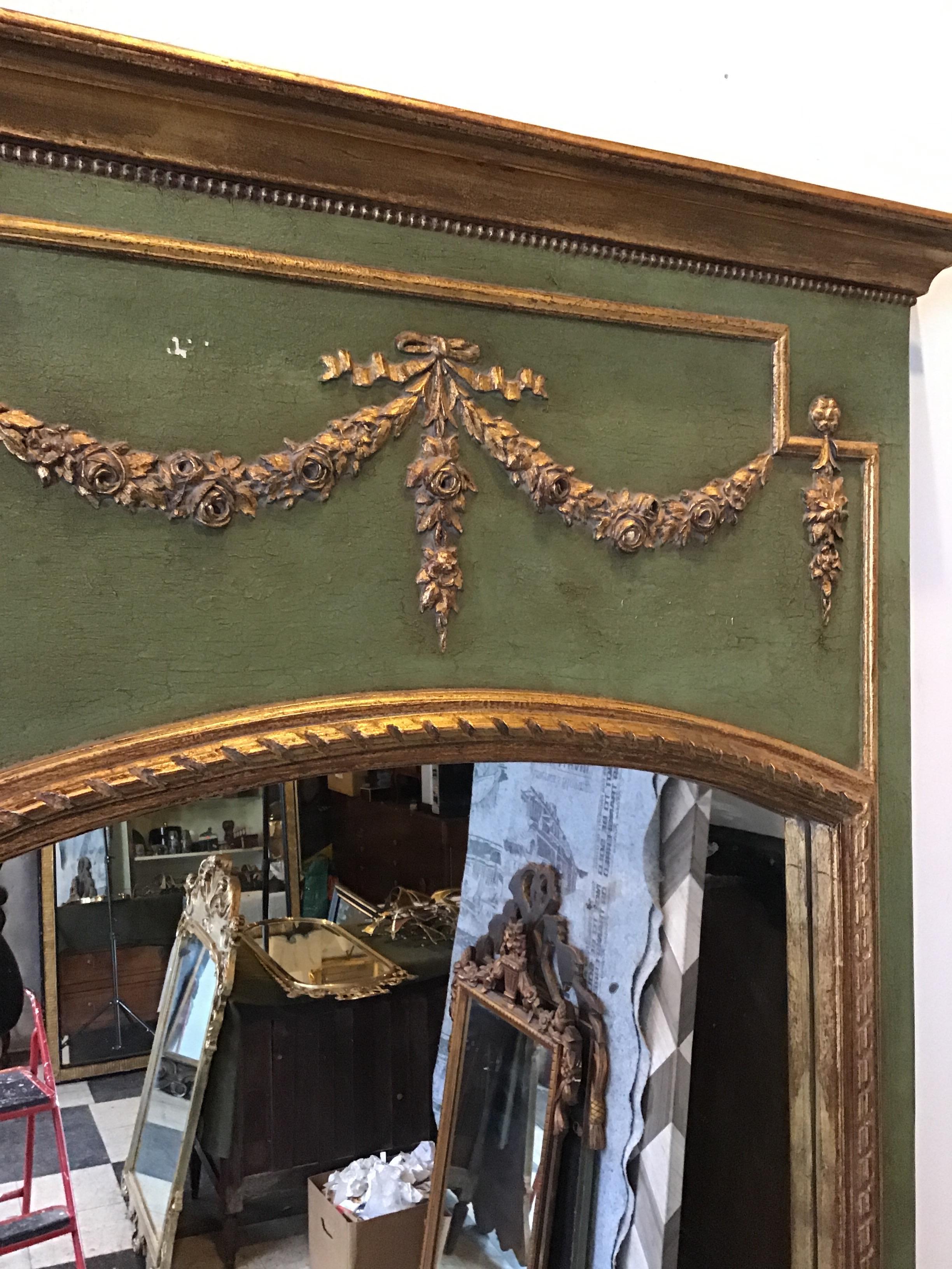 1950s French Green Trumeau Mirror With Gilt Accents 1